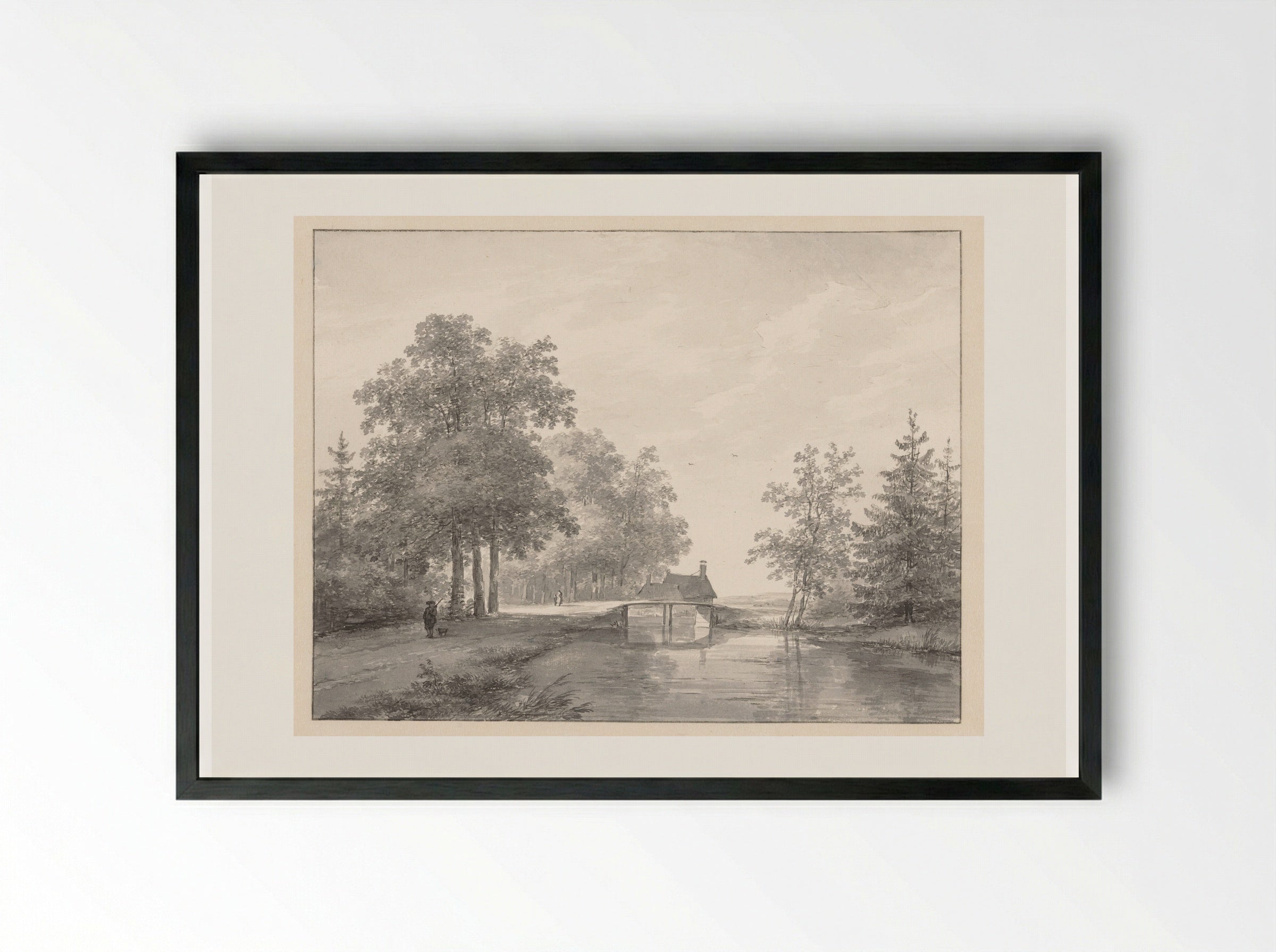 Landschap met vaart en brug, links een jager met hond - Andreas Schelfhout - Framed Print Black
