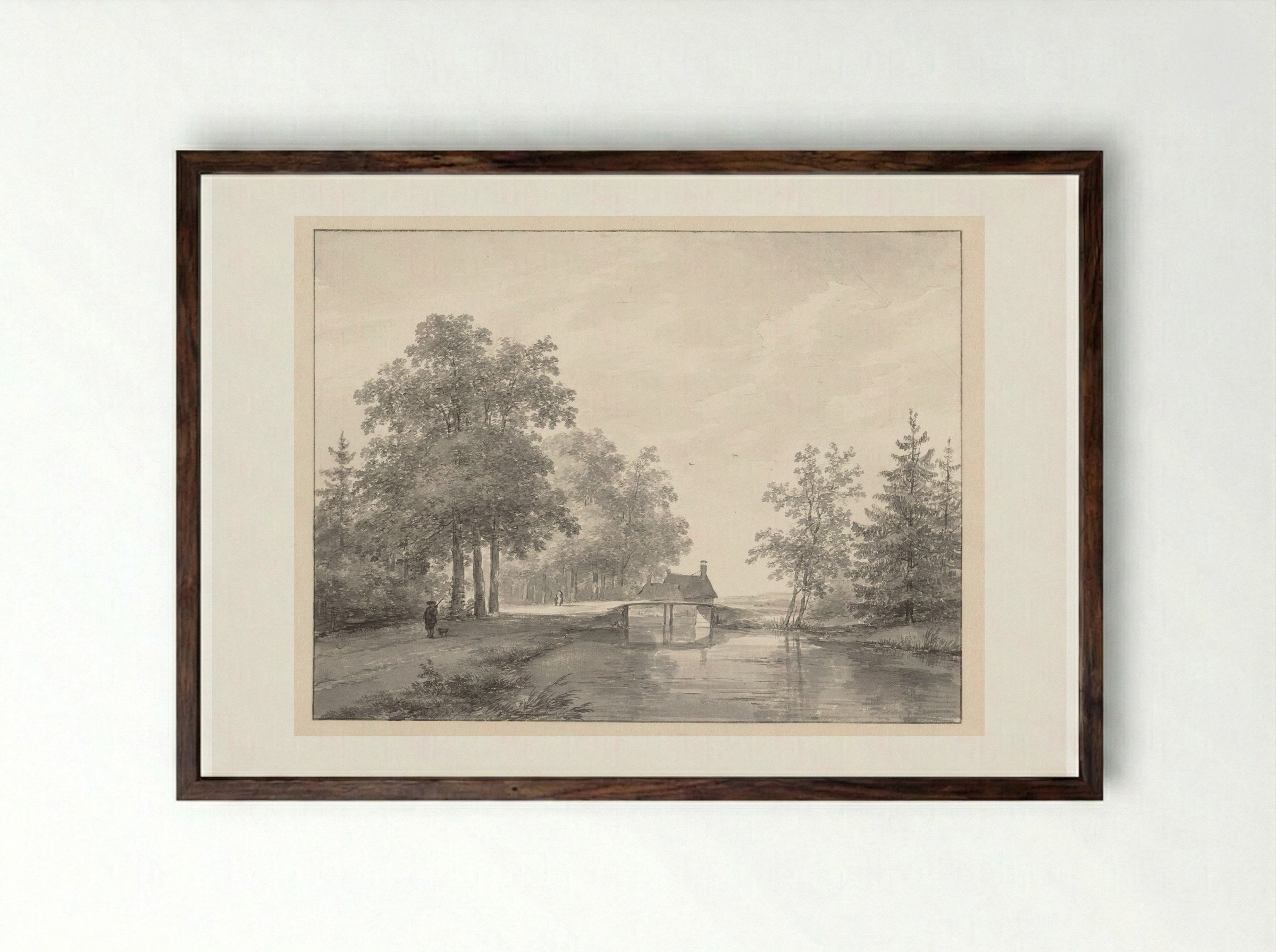 Landschap met vaart en brug, links een jager met hond - Andreas Schelfhout - Framed Print Dark Wood