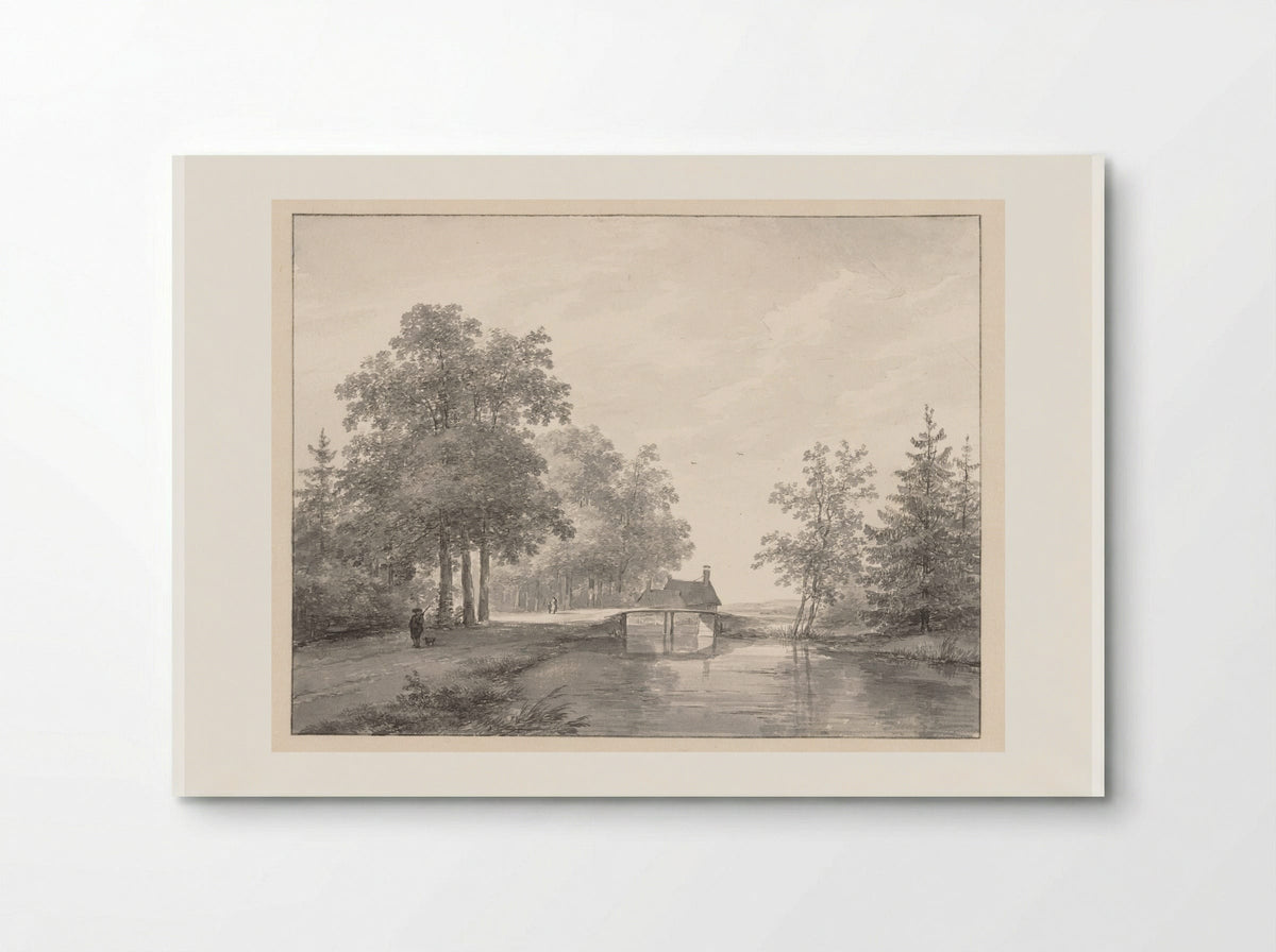 Landschap met vaart en brug, links een jager met hond - Andreas Schelfhout - Poster