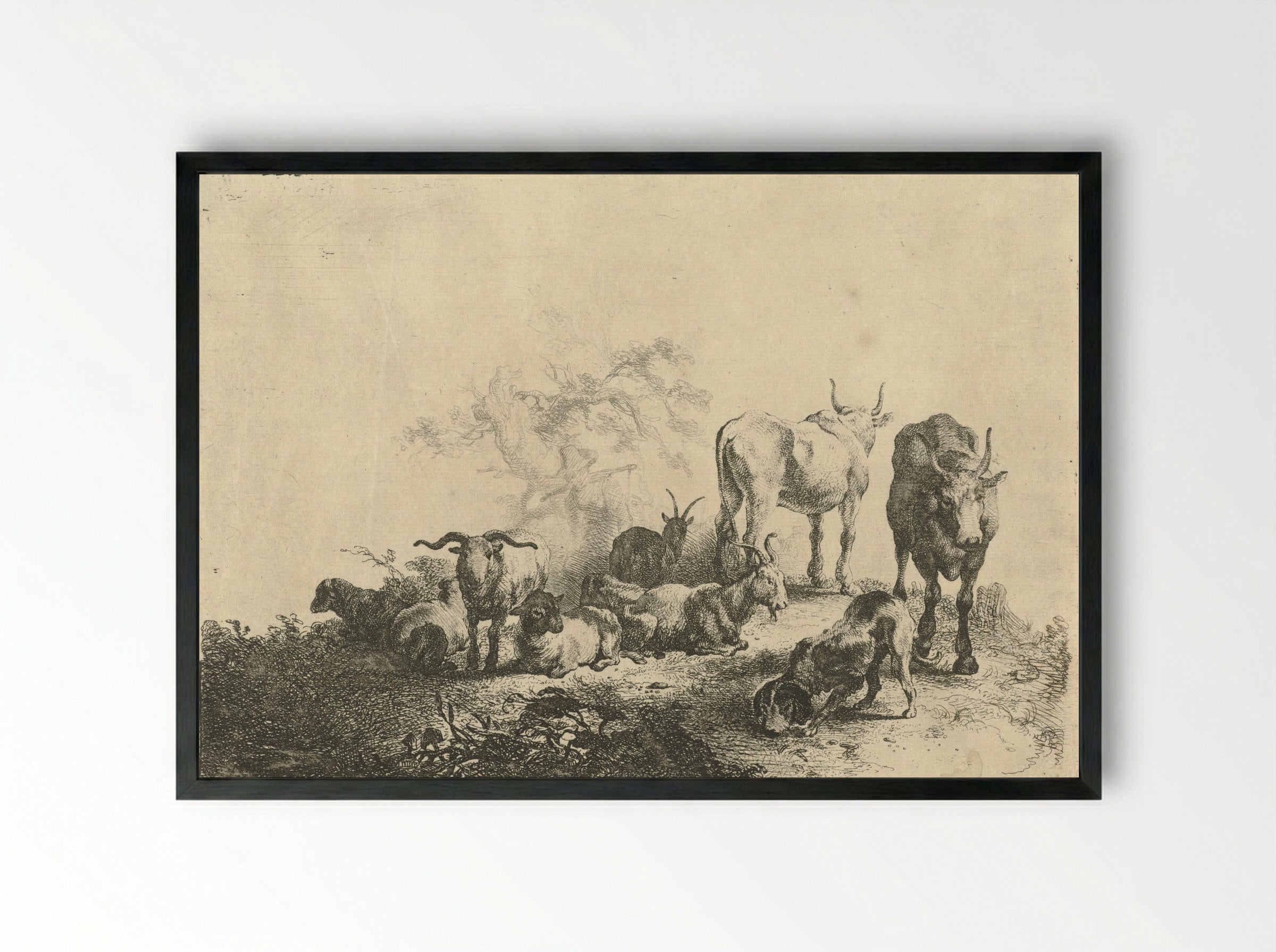 Landschap met vee en een melkmeid - Jan van Noordt - Framed Print Black