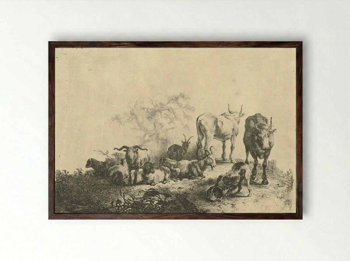 Landschap met vee en een melkmeid - Jan van Noordt - Framed Print Dark Wood