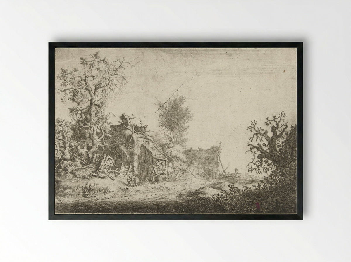 Landschap met vervallen boerderijen - Gerrit Adriaensz. de Heer - Framed Print Black