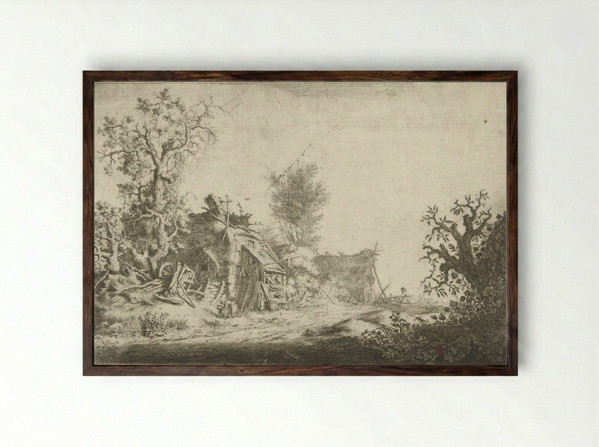 Landschap met vervallen boerderijen - Gerrit Adriaensz. de Heer - Framed Print Dark Wood