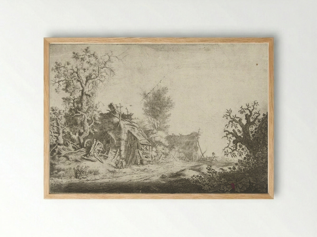Landschap met vervallen boerderijen - Gerrit Adriaensz. de Heer - Framed Print Wood