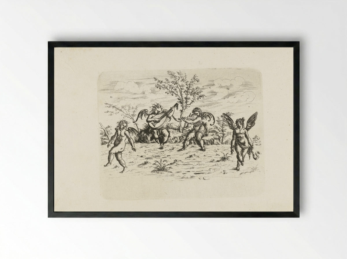Landschap met vier putti - Christoph Jamnitzer - Framed Print Black