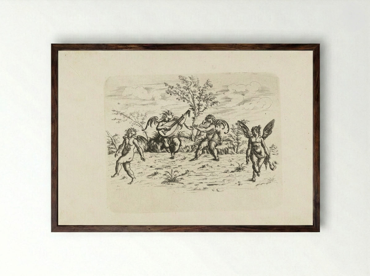 Landschap met vier putti - Christoph Jamnitzer - Framed Print Dark Wood
