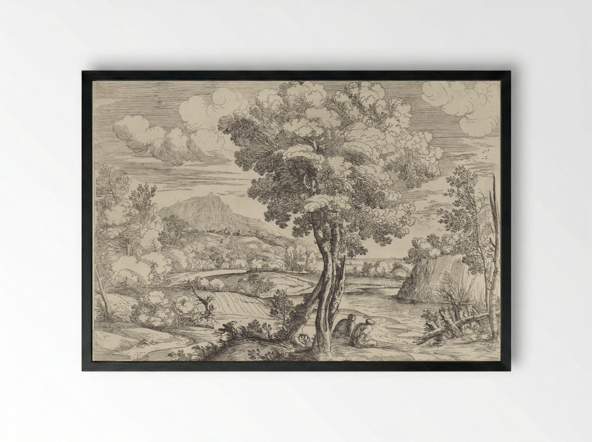 Landschap met vogel op boomstronk - Giovanni Francesco Grimaldi - Framed Print Black