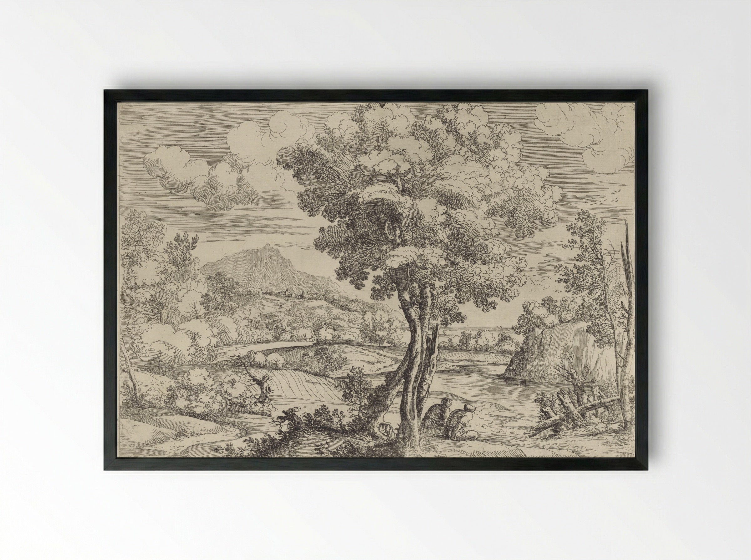 Landschap met vogel op boomstronk - Giovanni Francesco Grimaldi - Framed Print Black