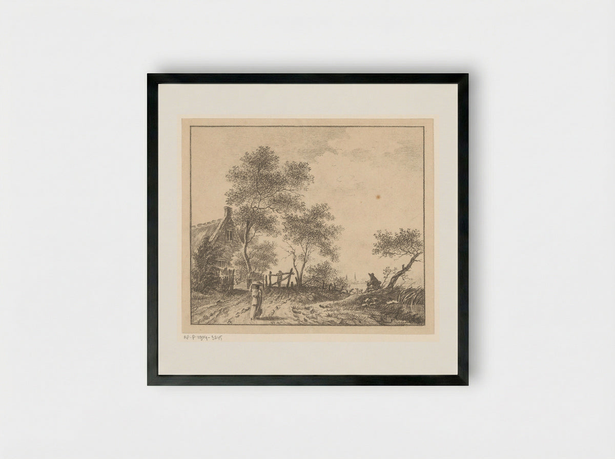 Landschap met vrouw met mand op het hoofd - Barentie Willem Dietz - Framed Print Black