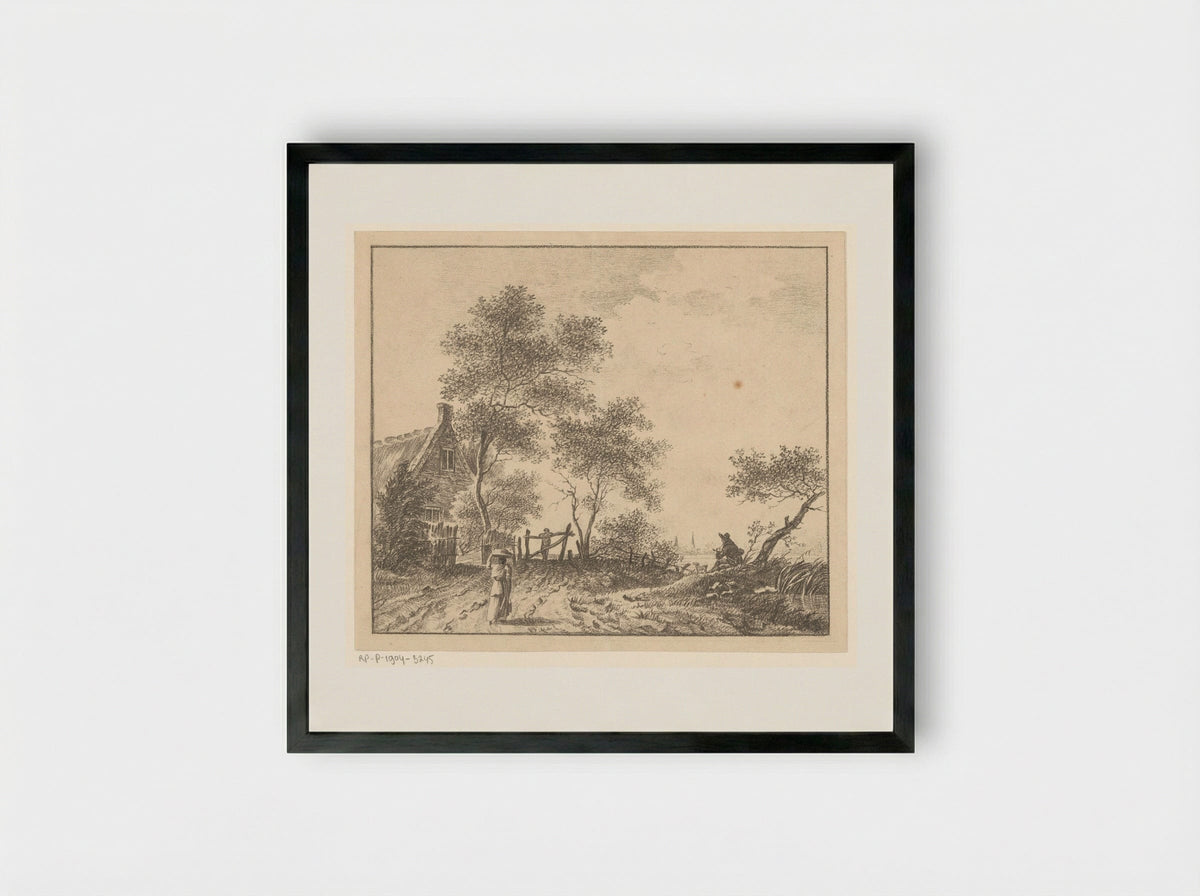 Landschap met vrouw met mand op het hoofd - Barentie Willem Dietz - Framed Print Black