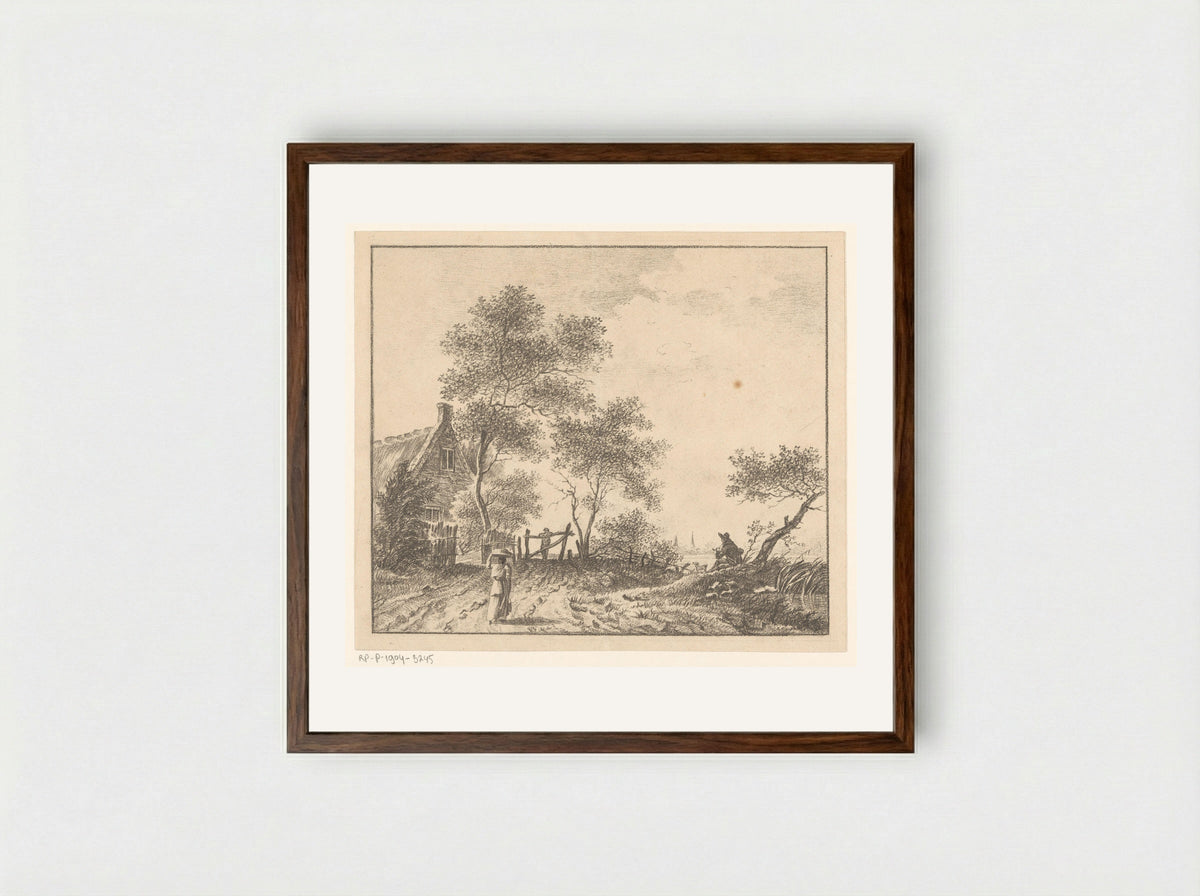 Landschap met vrouw met mand op het hoofd - Barentie Willem Dietz - Framed Print Dark Wood