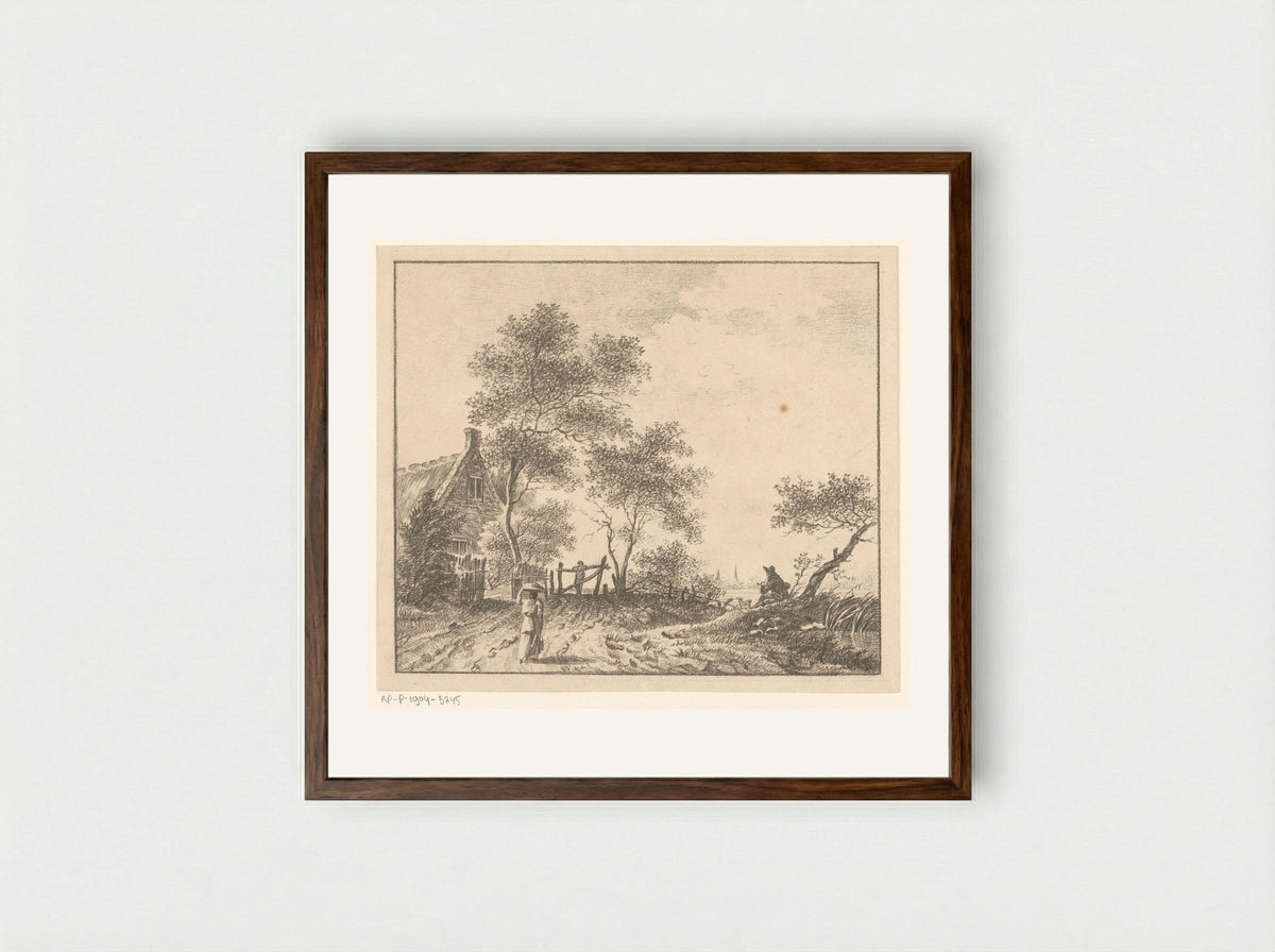 Landschap met vrouw met mand op het hoofd - Barentie Willem Dietz - Framed Print Dark Wood