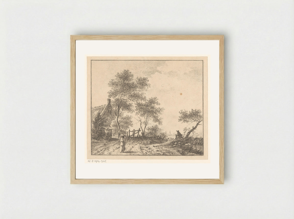 Landschap met vrouw met mand op het hoofd - Barentie Willem Dietz - Framed Print Wood
