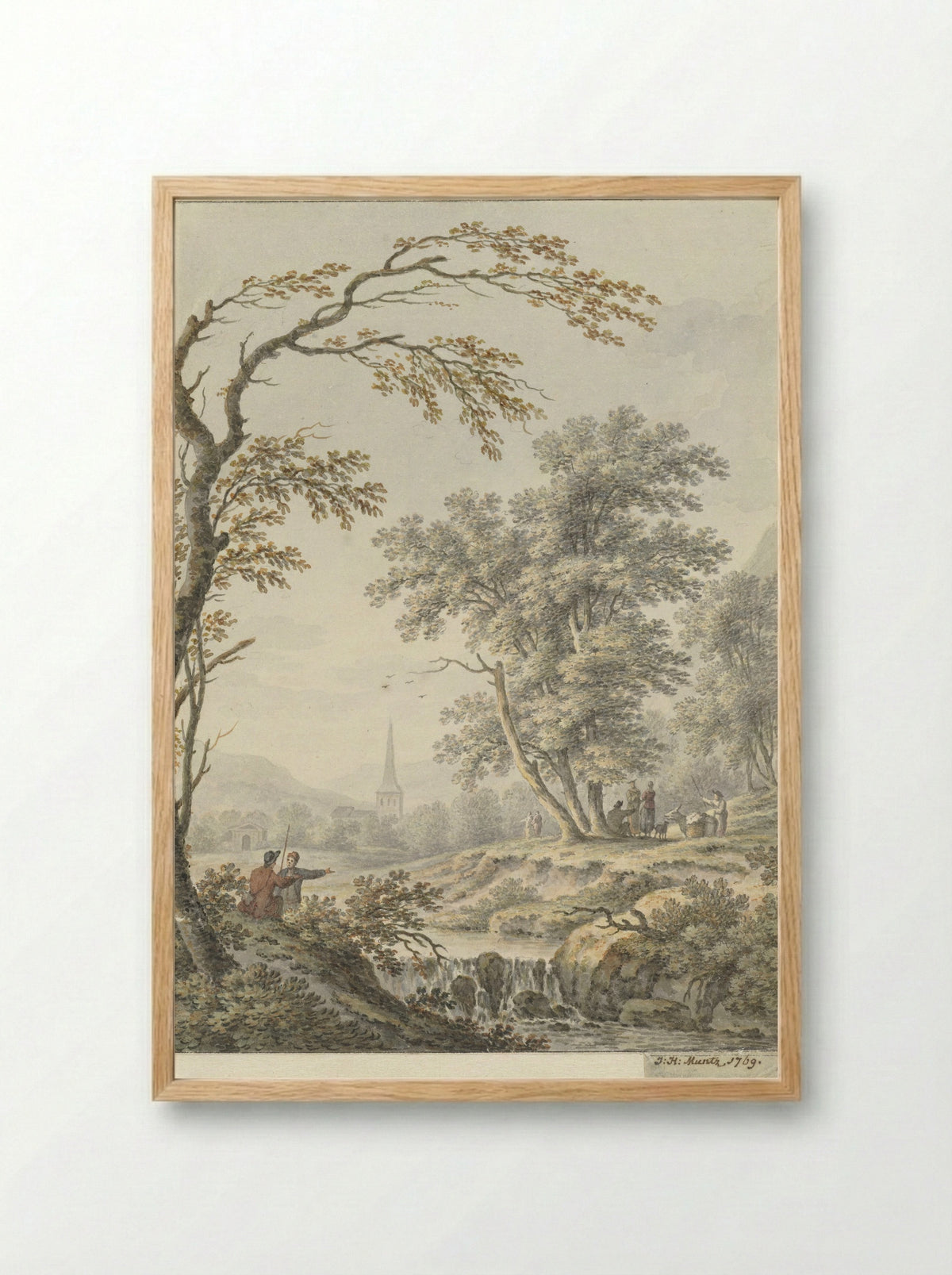 Landschap met waterval en in de verte een kerk - Johann Heinrich Müntz - Framed Print Wood