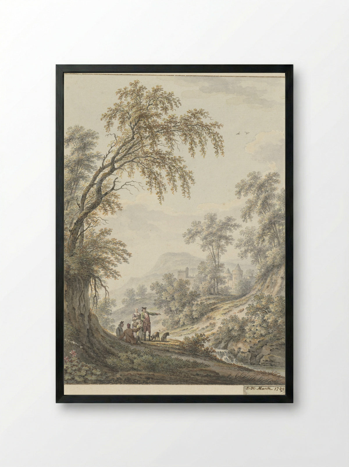 Landschap met watervalletje en in de verte een kasteel - Johann Heinrich Müntz - Framed Print Black
