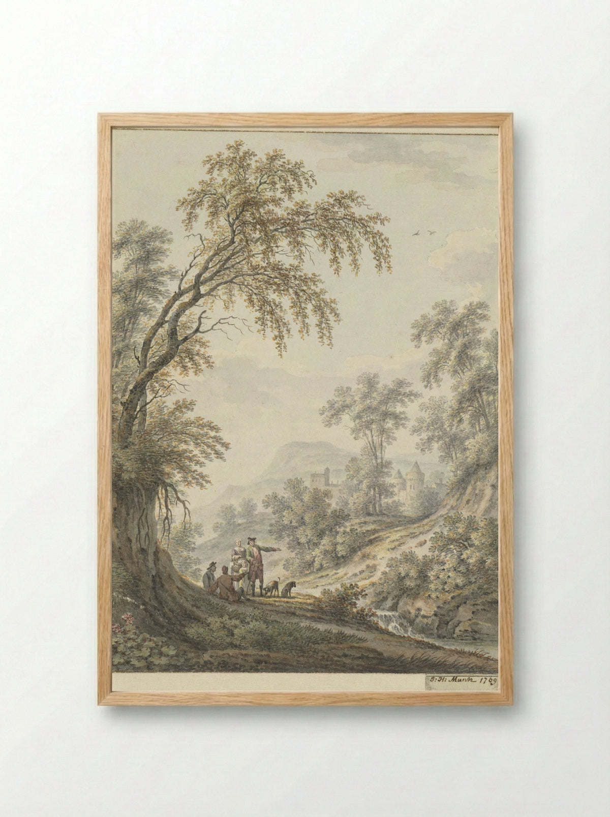 Landschap met watervalletje en in de verte een kasteel - Johann Heinrich Müntz - Framed Print Wood