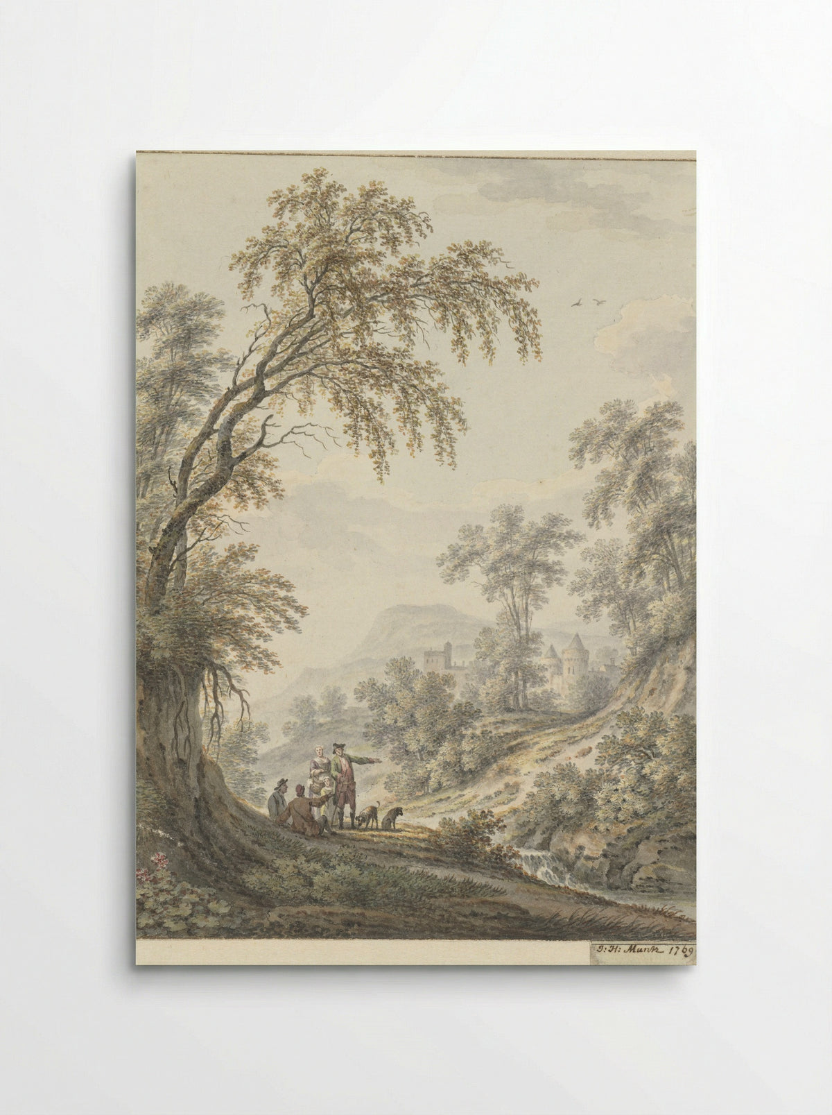 Landschap met watervalletje en in de verte een kasteel - Johann Heinrich Müntz - Poster