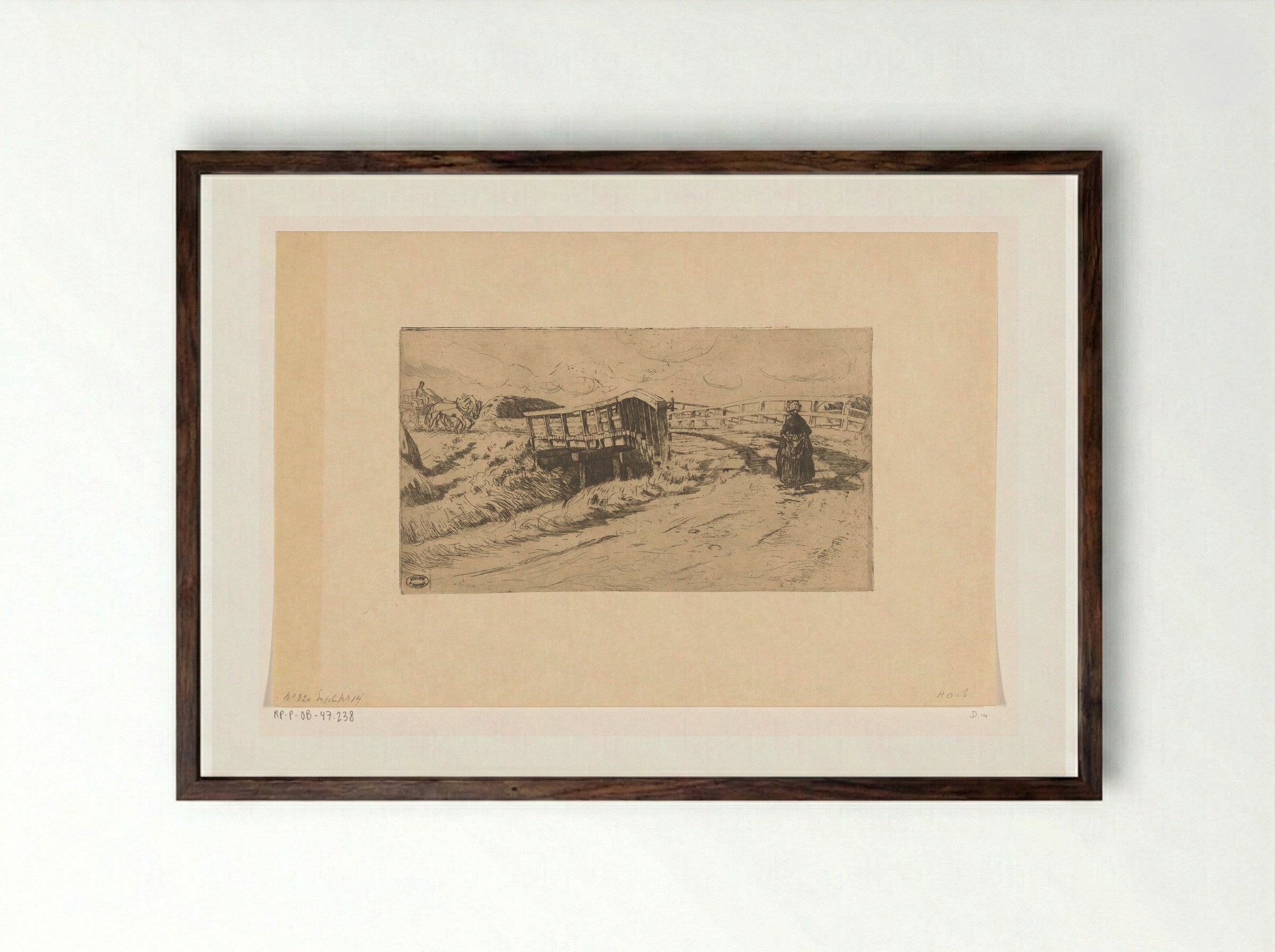 Landweg met brug - Pieter Dupont - Framed Print Dark Wood