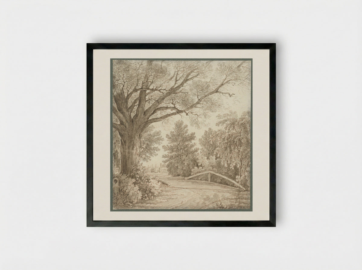 Landweg over eenvoudige brug bij zware boom - Cantius Dillis - Framed Print Black