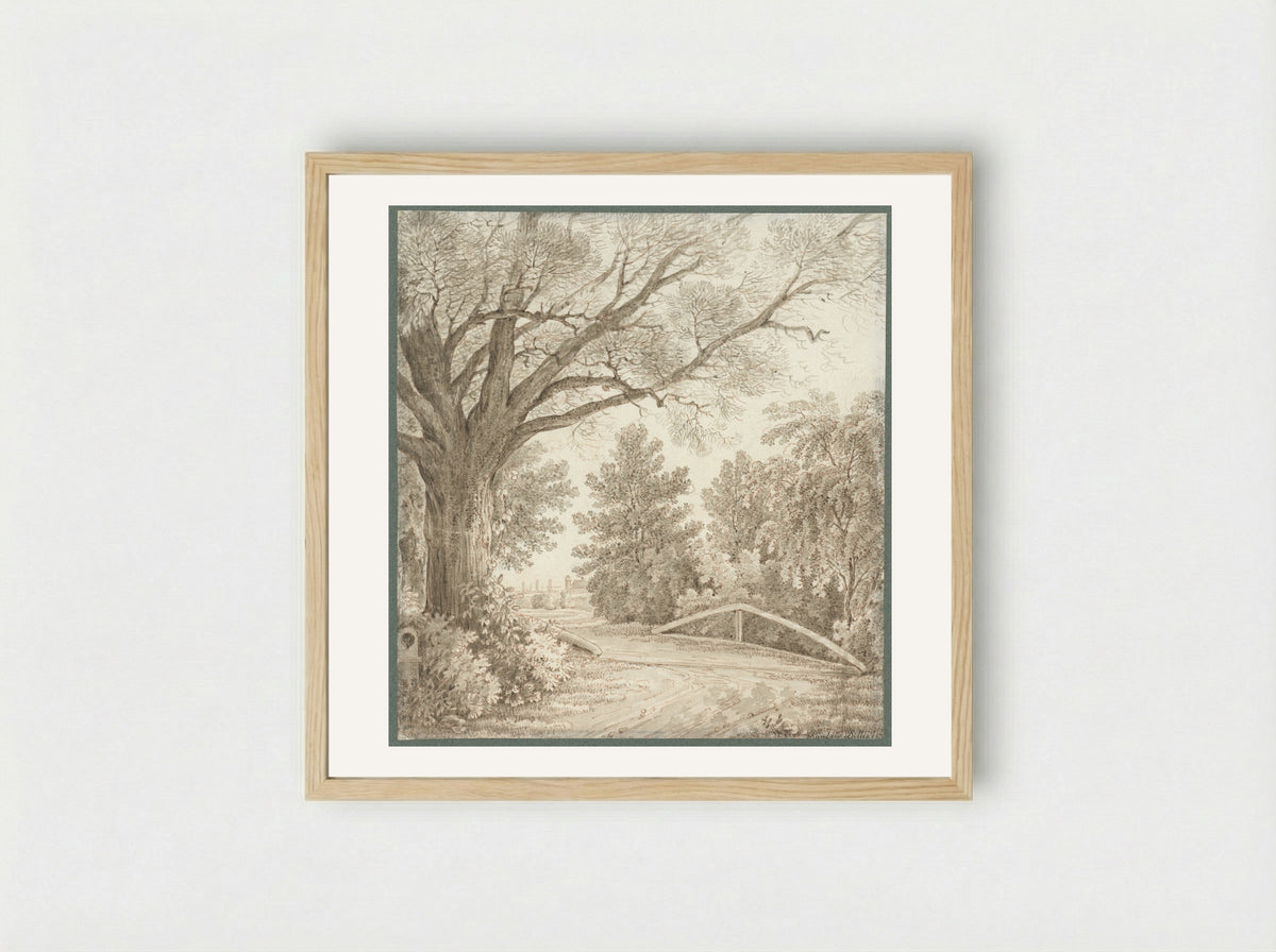 Landweg over eenvoudige brug bij zware boom - Cantius Dillis - Framed Print Wood