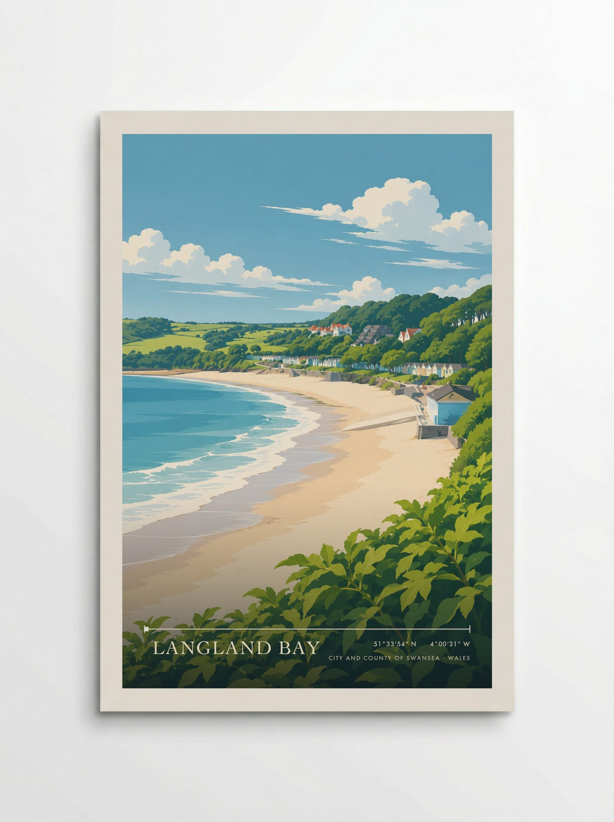 Langland Bay, City and County of Swansea travel poster: colourful beach huts, pale gold sand and blue summer surf beyond green foliage