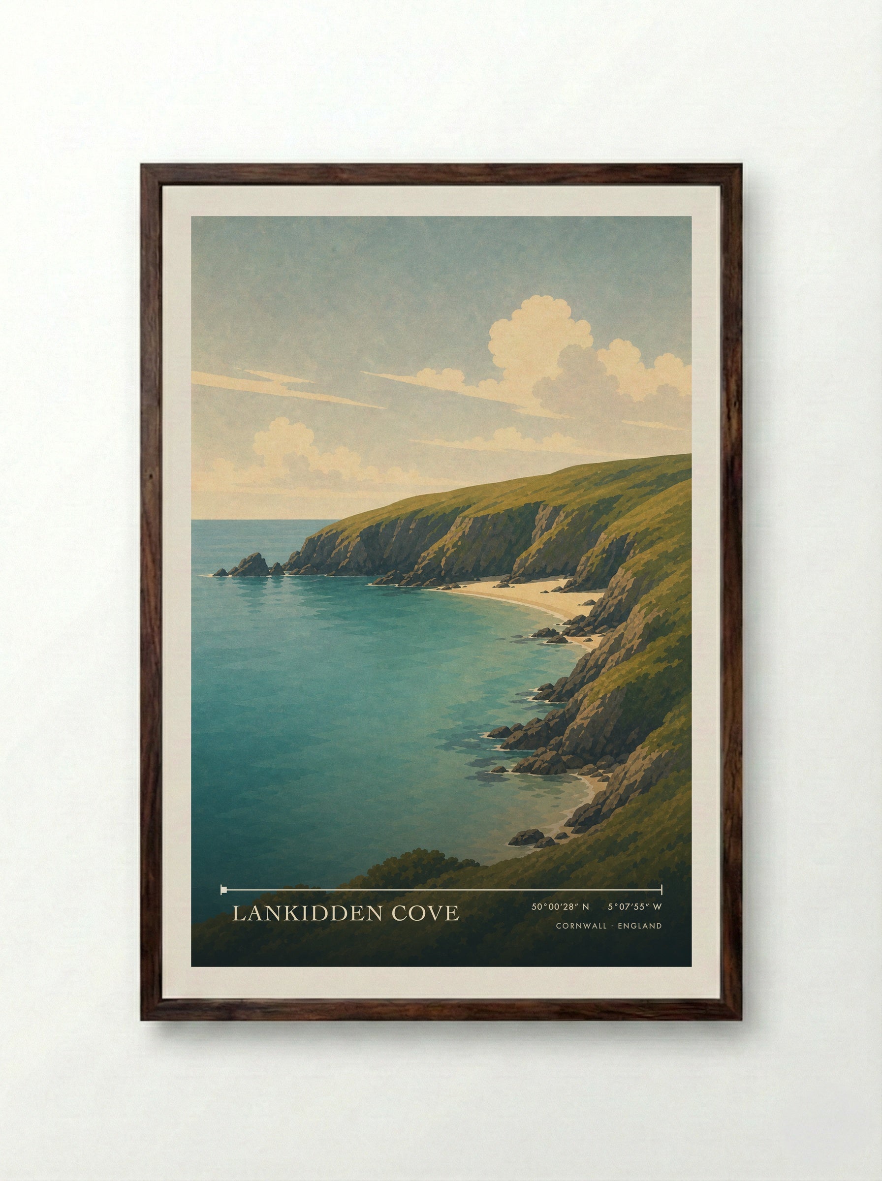 Lankidden Cove Cornwall England Travel Poster - Framed Print Dark Wood
