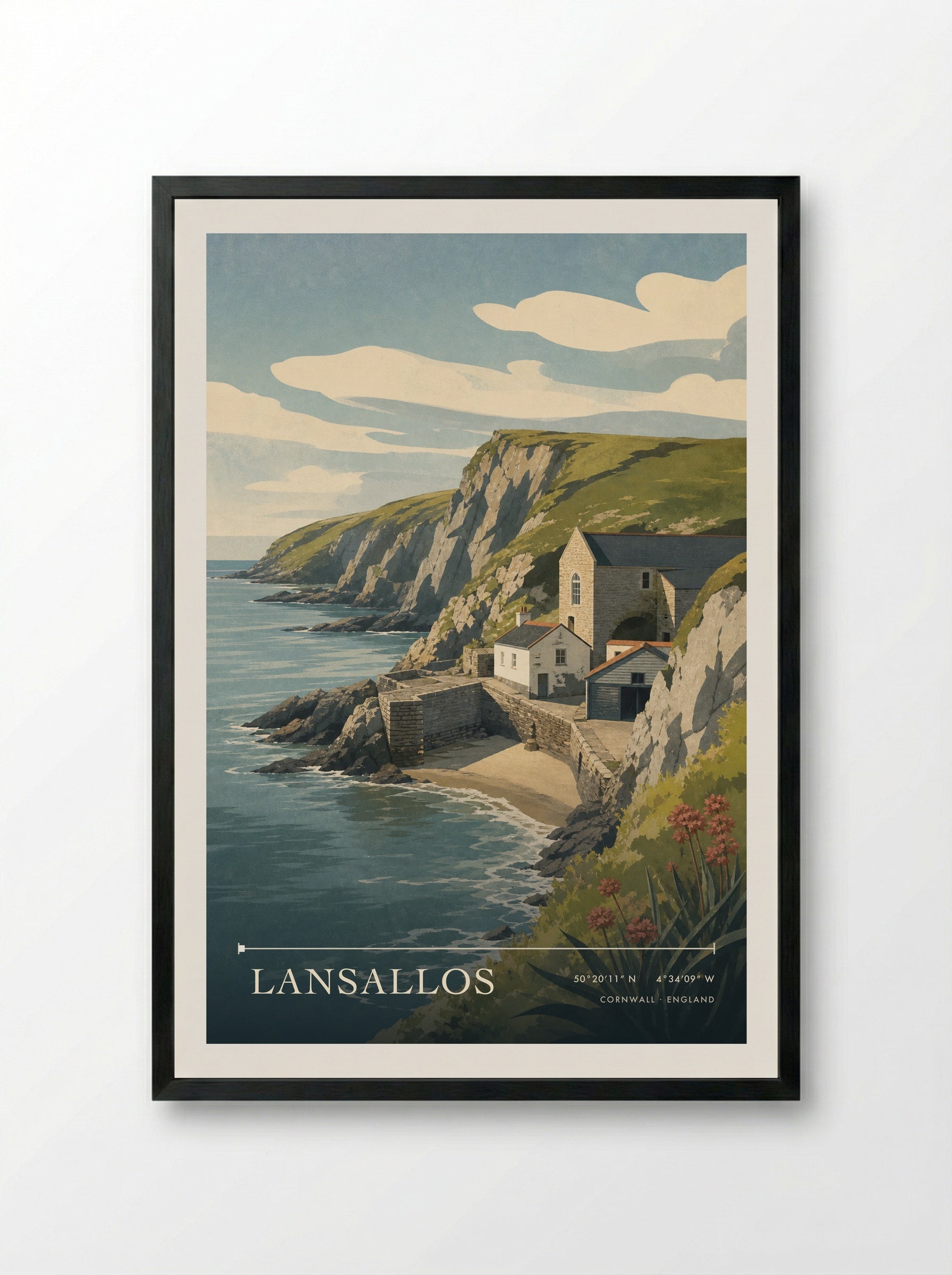 Lansallos Cornwall England Travel Poster - Framed Print Black