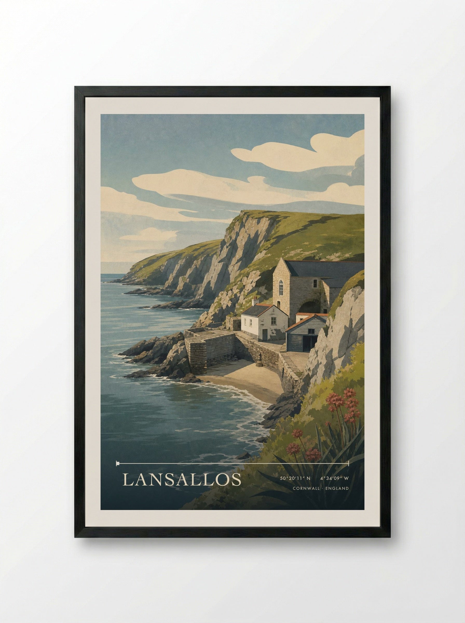 Lansallos Cornwall England Travel Poster - Framed Print Black