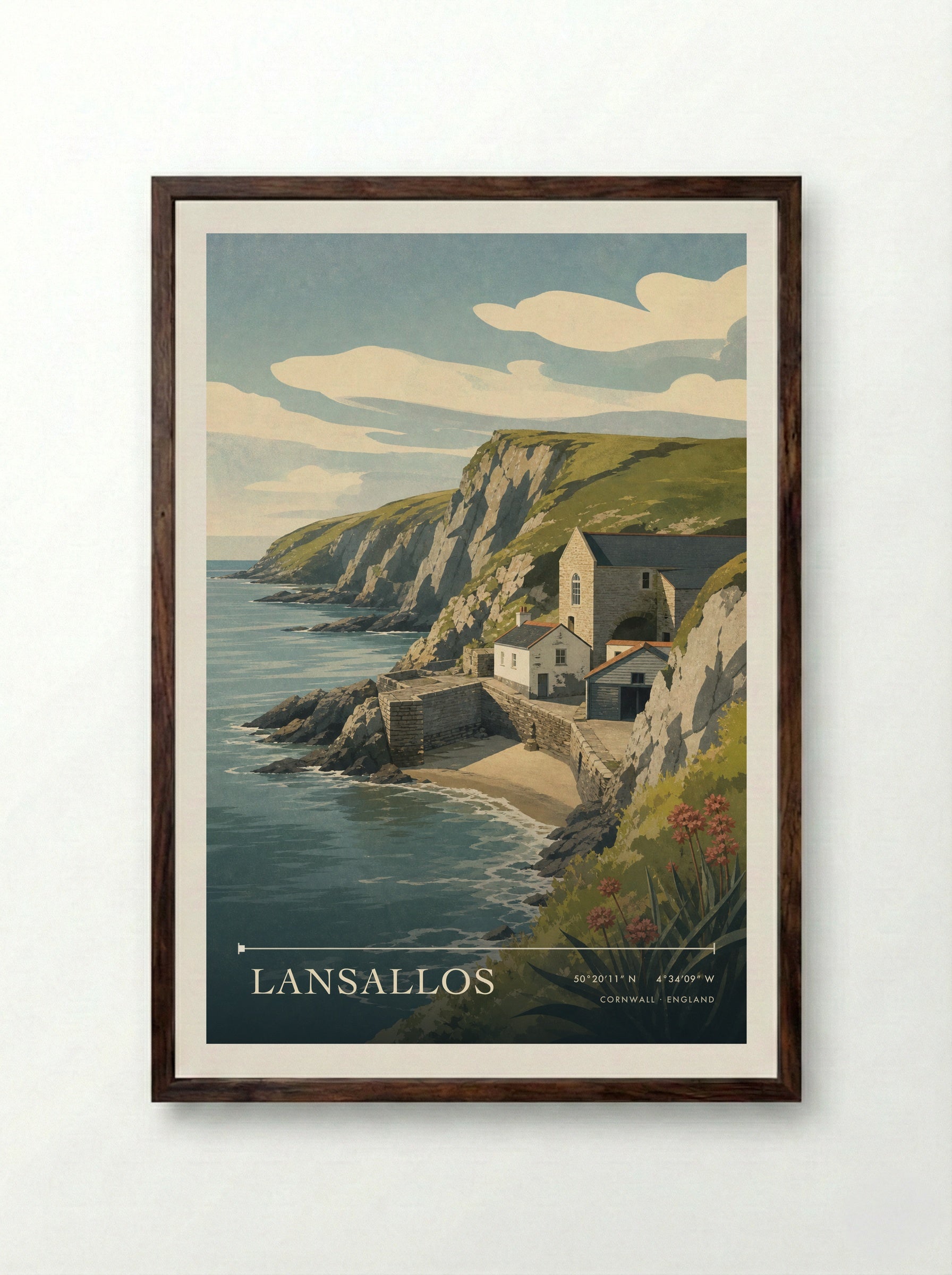 Lansallos Cornwall England Travel Poster - Framed Print Dark Wood