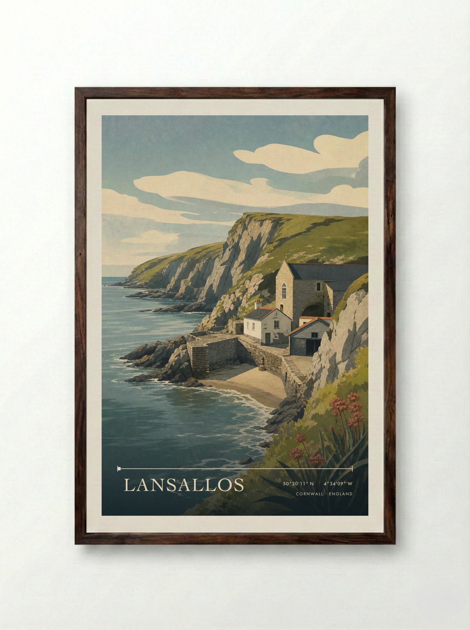 Lansallos Cornwall England Travel Poster - Framed Print Dark Wood