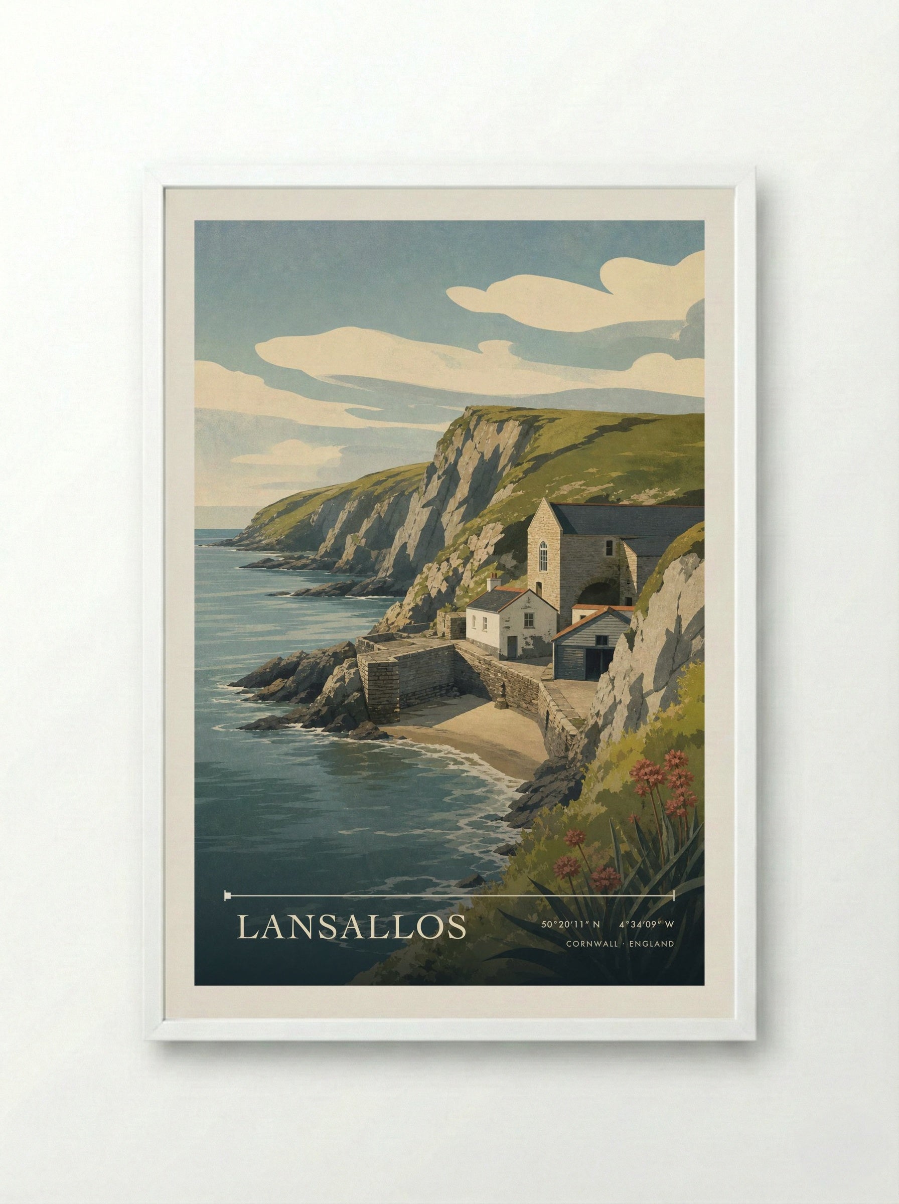 Lansallos Cornwall England Travel Poster - Framed Print White