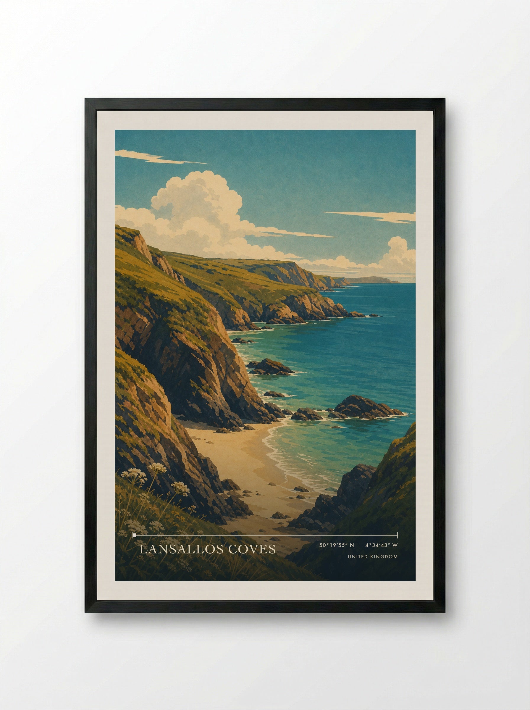 Lansallos Coves United Kingdom Travel Poster - Framed Print Black