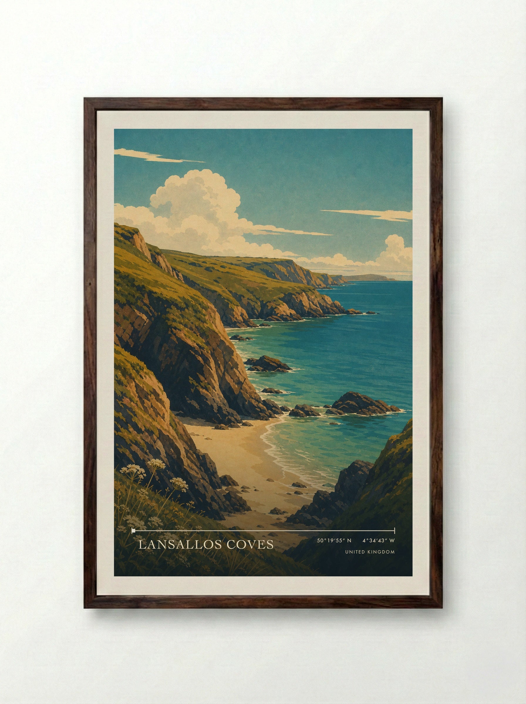 Lansallos Coves United Kingdom Travel Poster - Framed Print Dark Wood