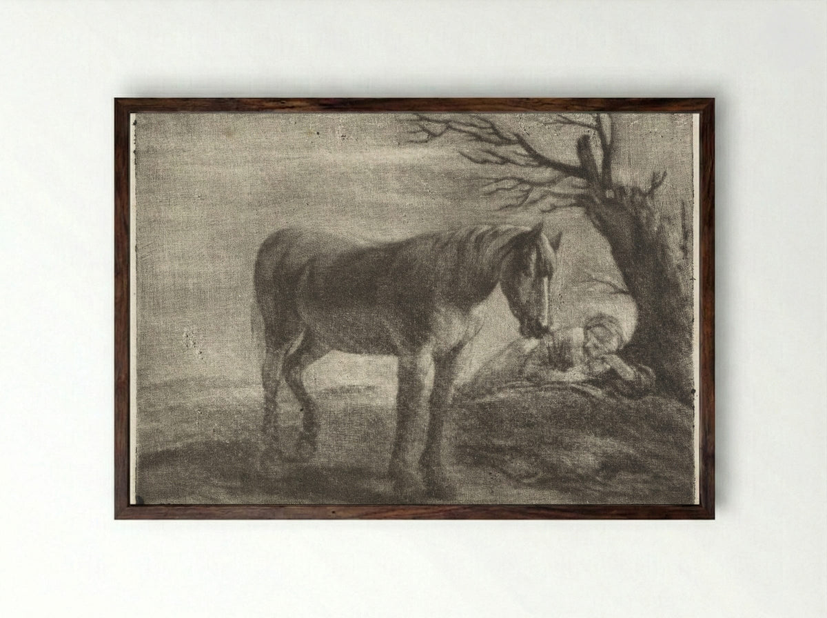 Lanschap met een paard en een slapende vrouw - Dirk Koedijck - Framed Print Dark Wood