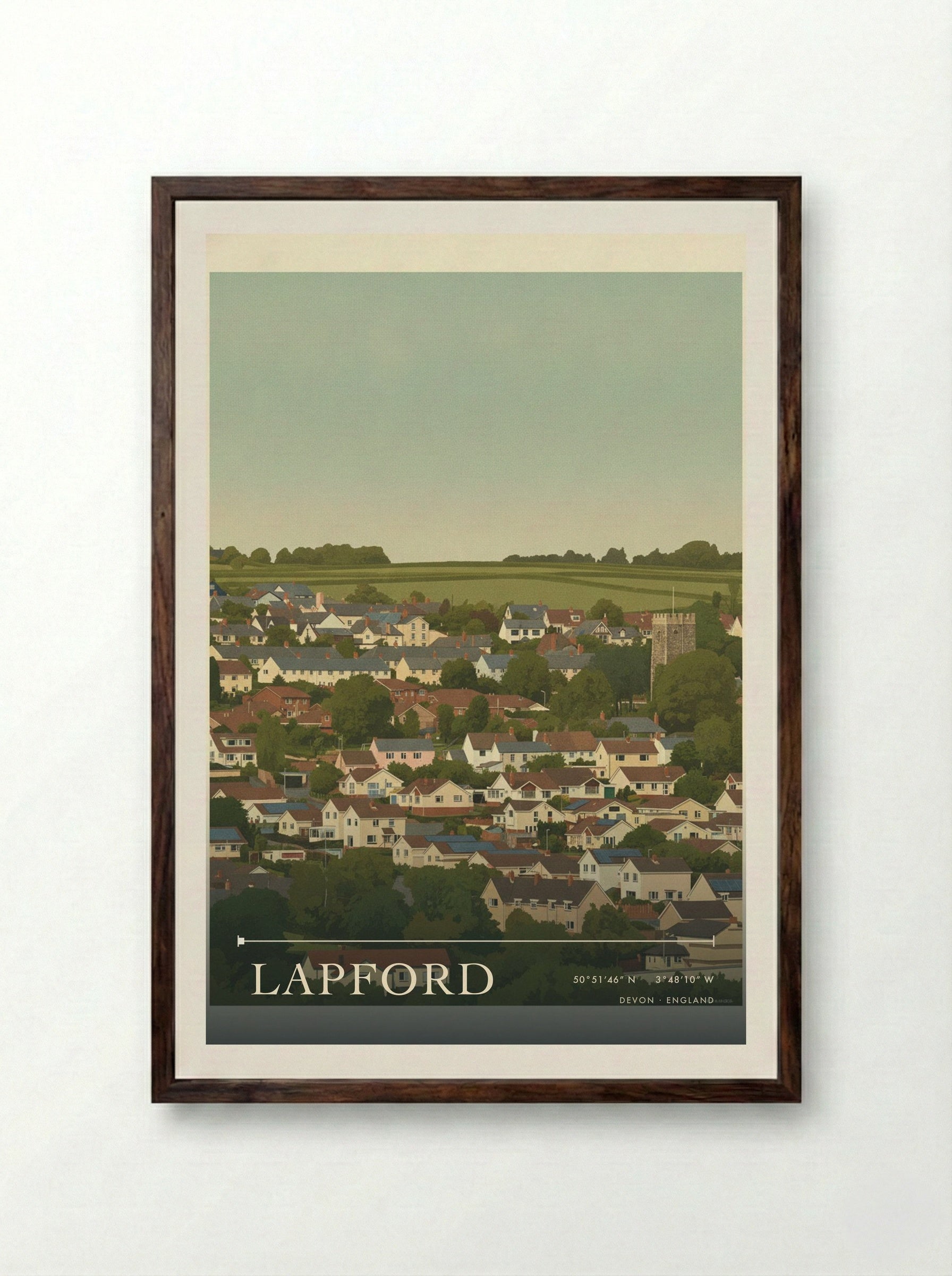Lapford Devon England Travel Poster - Framed Print Dark Wood