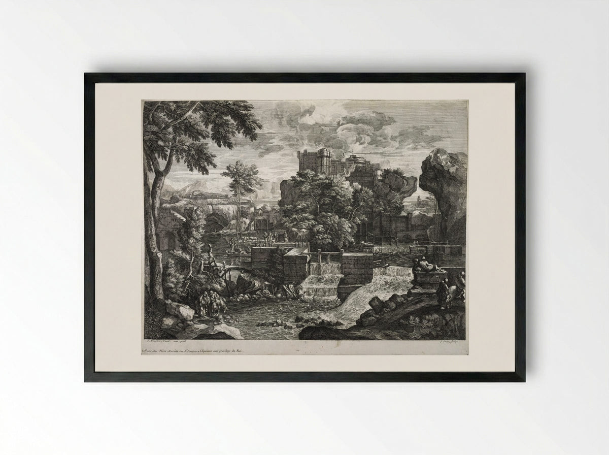 Large Rocky Landscape (with Flight into Egypt) - Jacques Prou - Framed Print Black