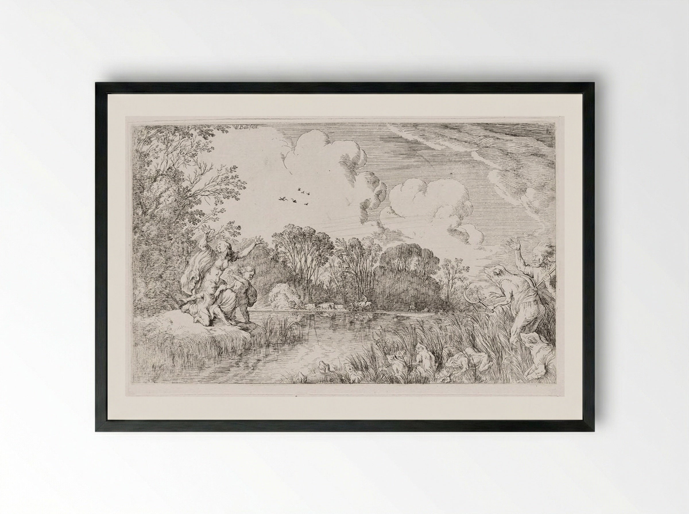 Latona Transforms the Lycian Peasants into Frogs - Johann Wilhelm Baur - Framed Print Black