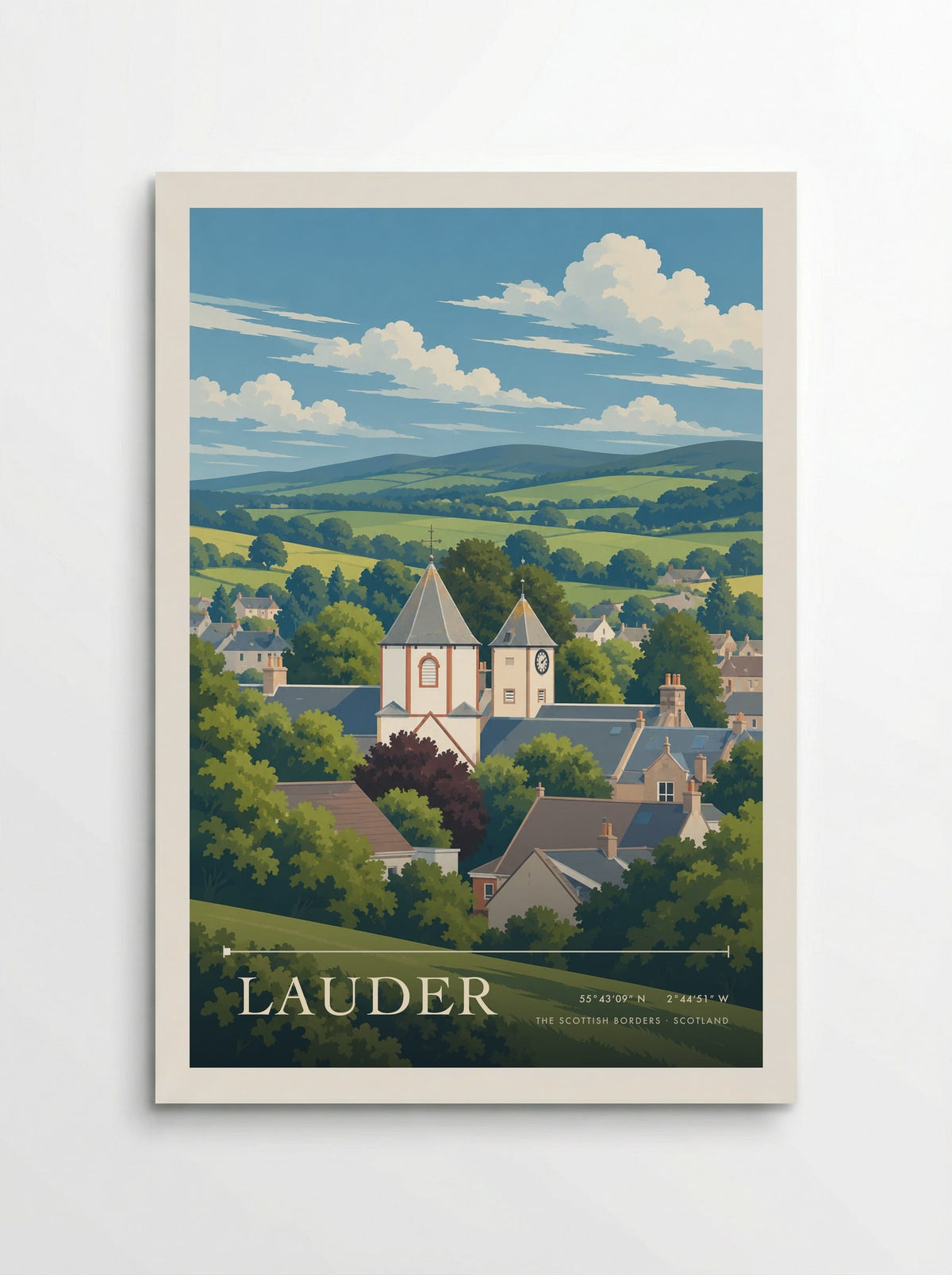 Lauder, The Scottish Borders travel poster: pale clock towers and slate rooftops above sunlit grass, backed by green fields and rounded hills beneath summ