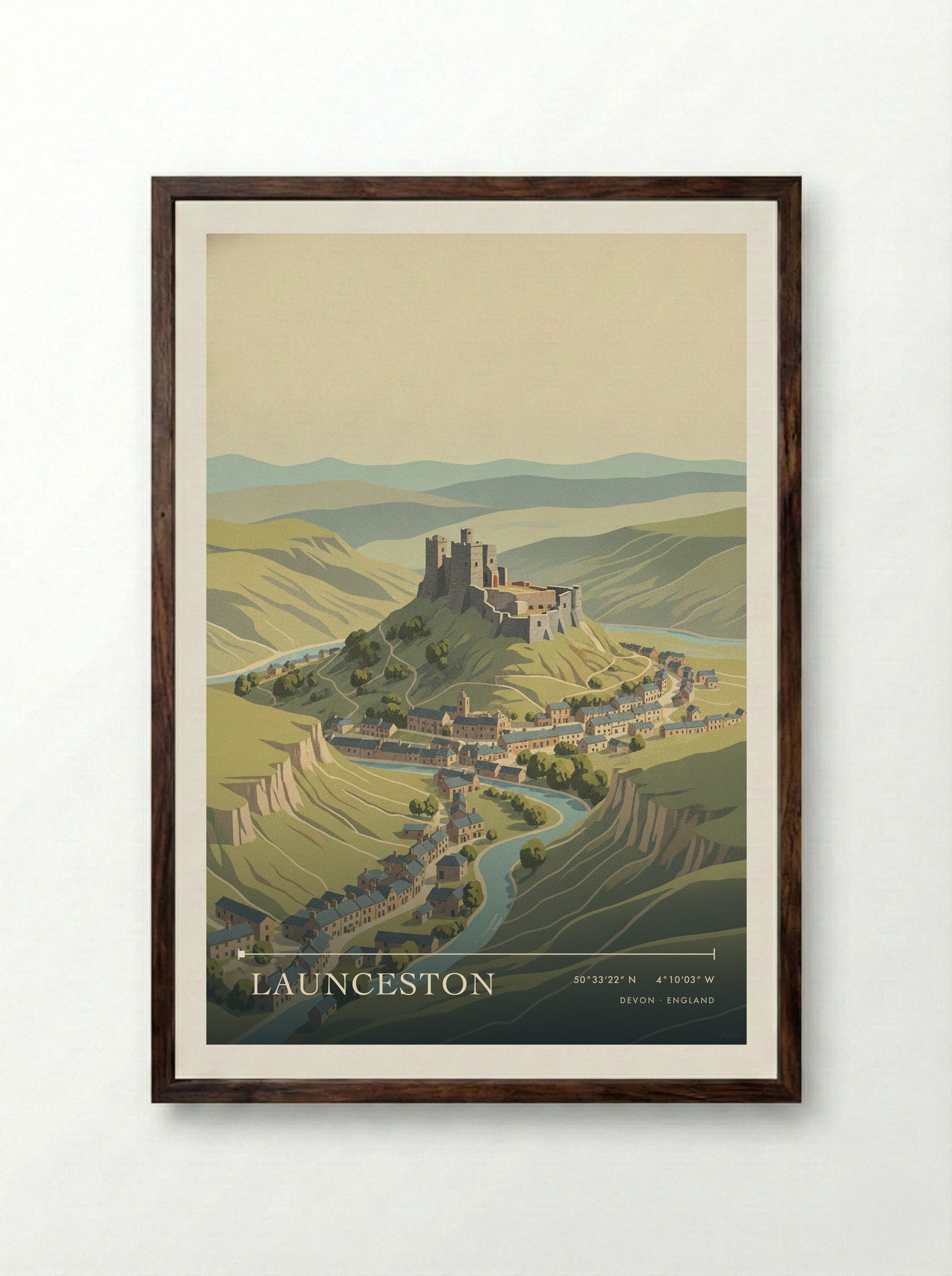 Launceston Devon England Travel Poster - Framed Print Dark Wood