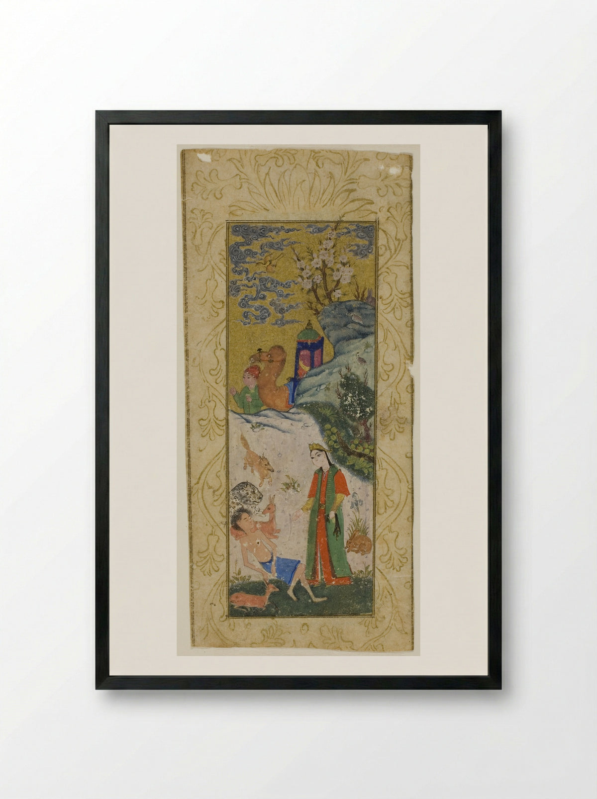 Layla Visiting Majnun in the Desert - Persian School - Framed Print Black