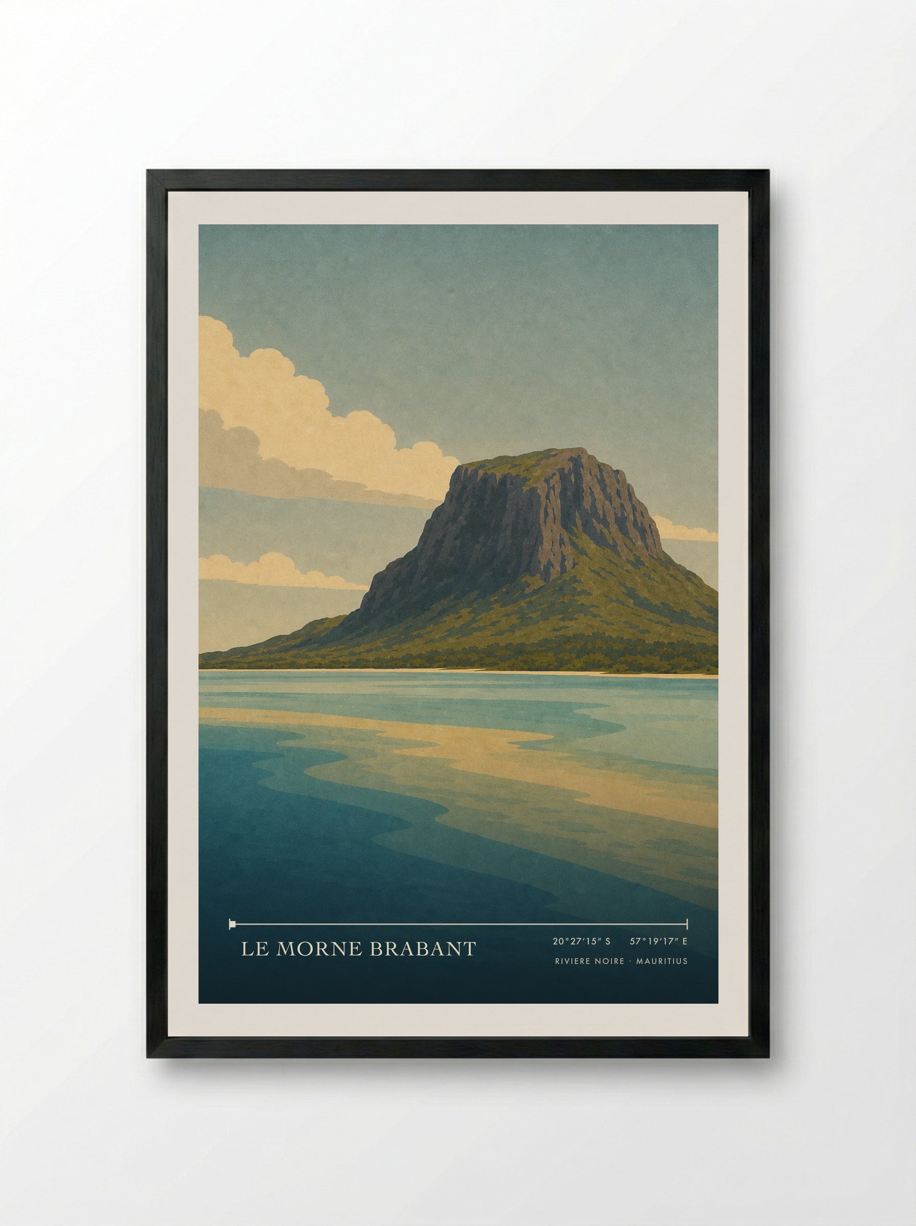 Le Morne Brabant Travel Poster Artwork - Framed Print Black