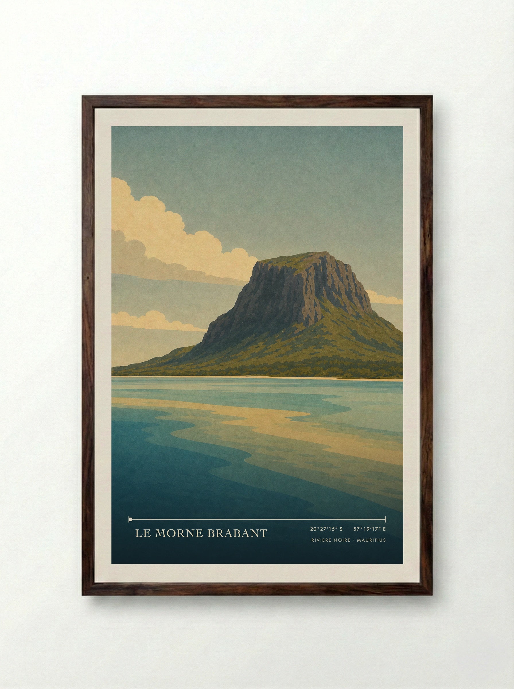 Le Morne Brabant Travel Poster Artwork - Framed Print Dark Wood