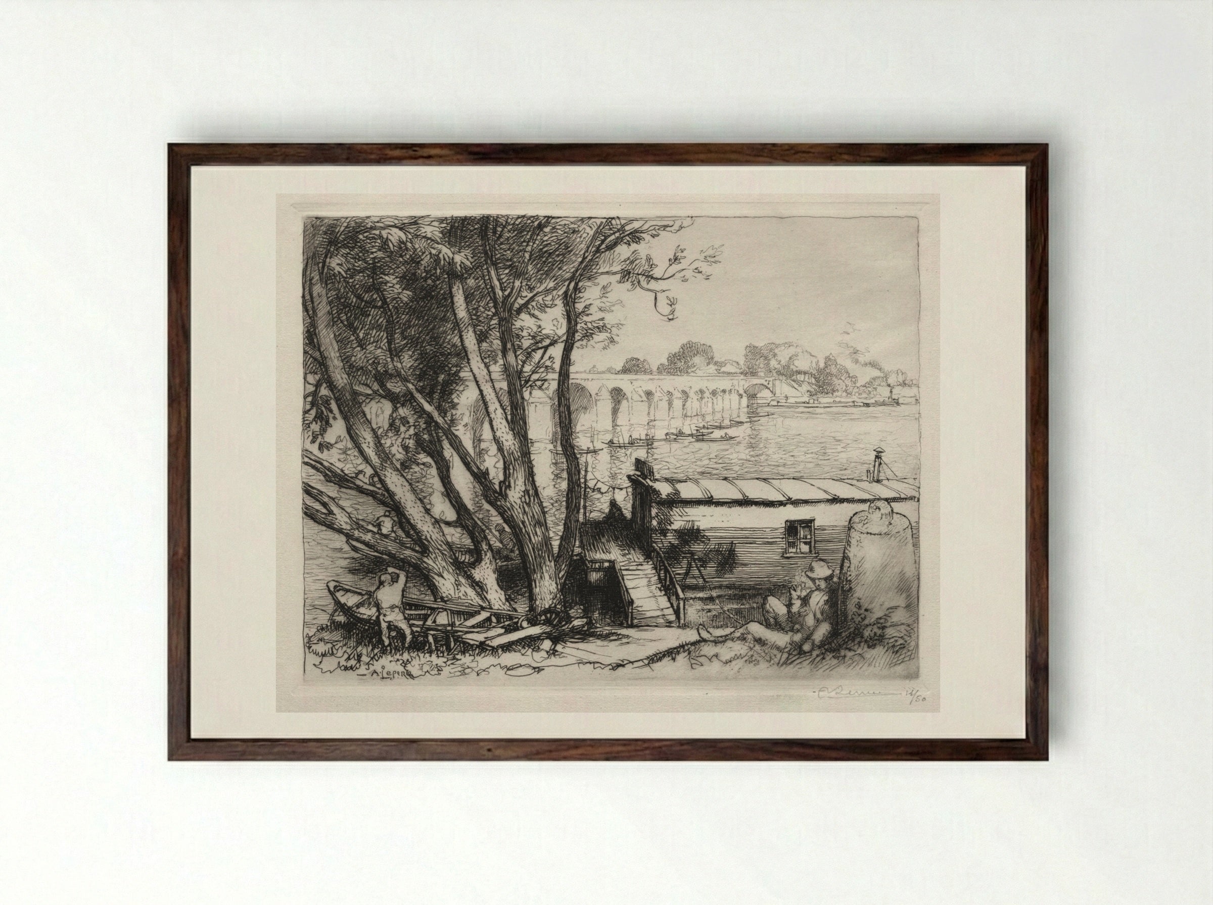 Le Pont de Poissy - Auguste Louis Lepère - Framed Print Dark Wood