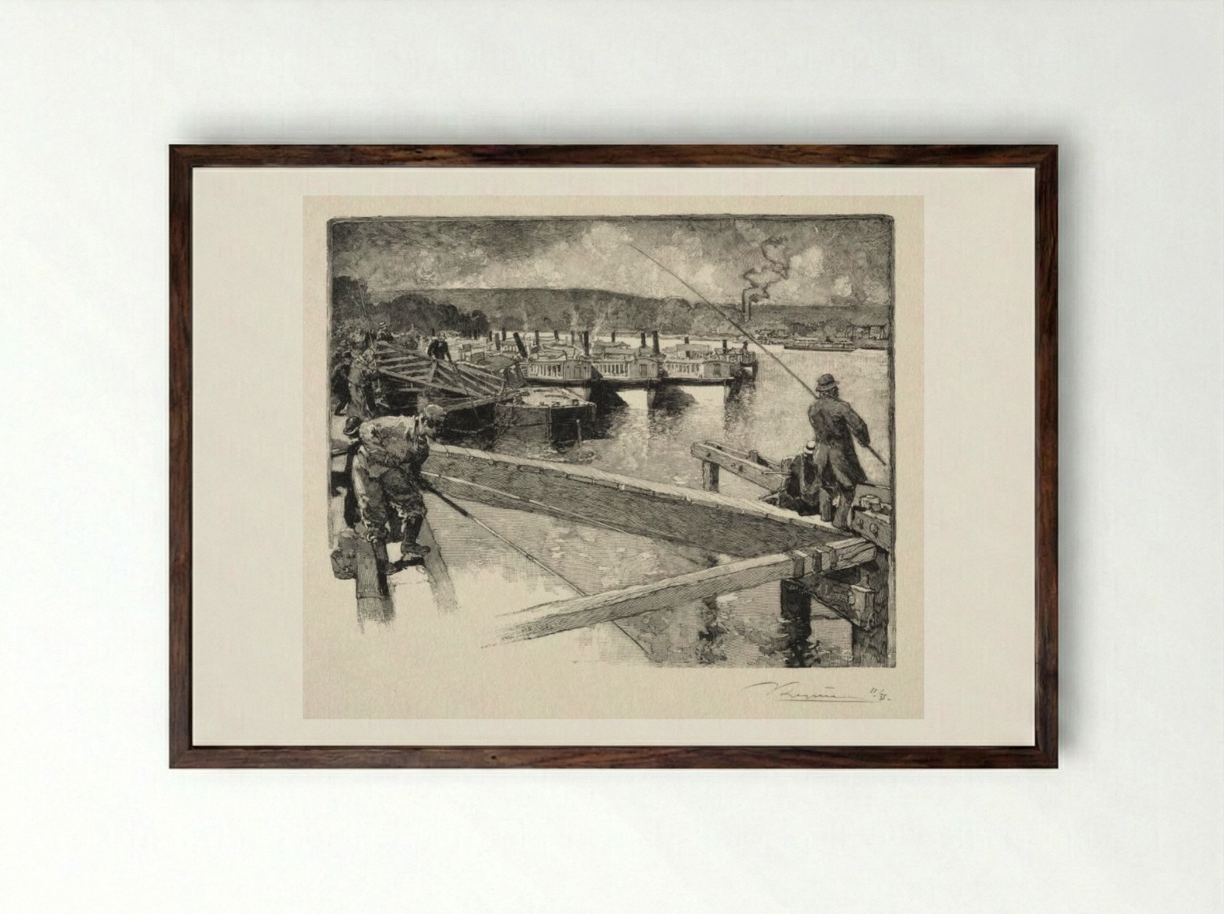 Le garage des bateaux-omnibus - Auguste Louis Lepère - Framed Print Dark Wood
