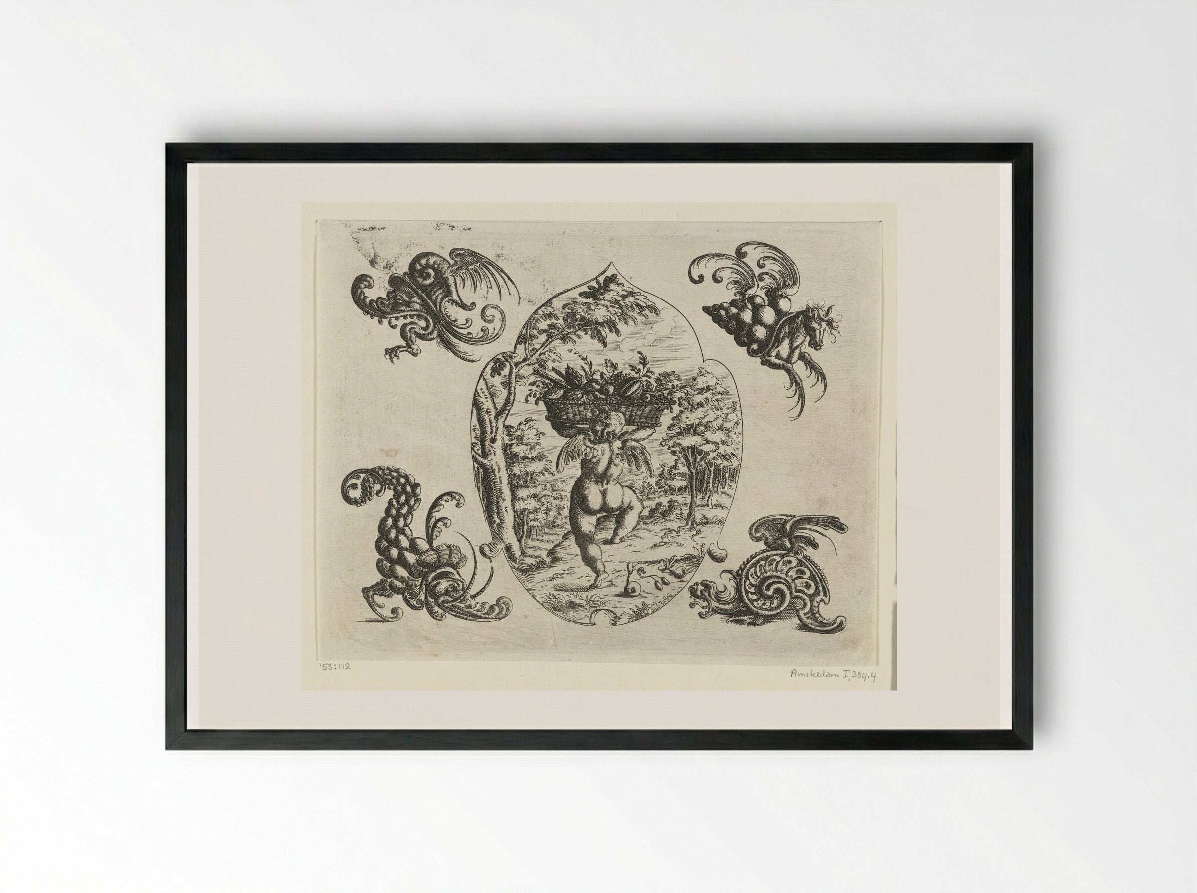 Leaf-shaped Ornament with a Putto Carrying a Basket of Fruit - Christoph Jamnitzer - Framed Print Black