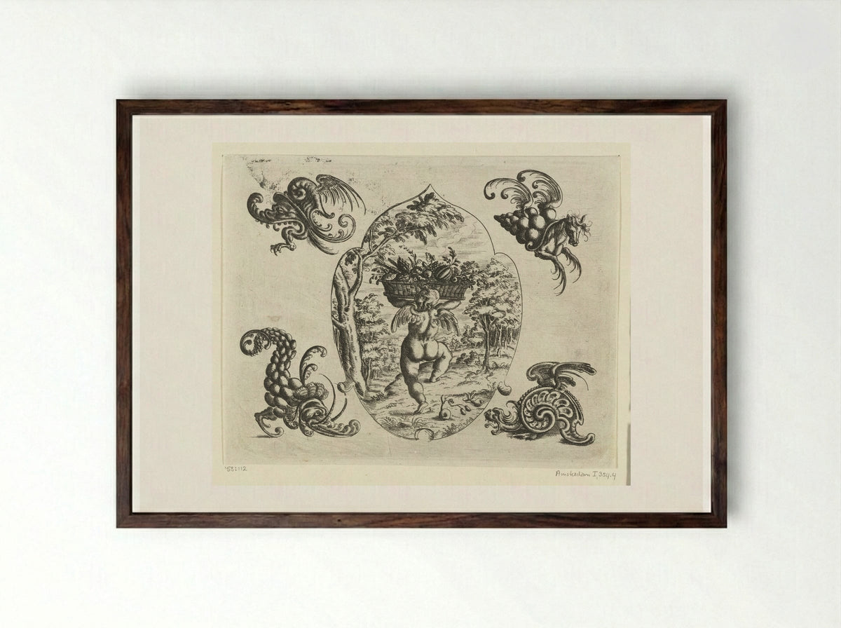Leaf-shaped Ornament with a Putto Carrying a Basket of Fruit - Christoph Jamnitzer - Framed Print Dark Wood