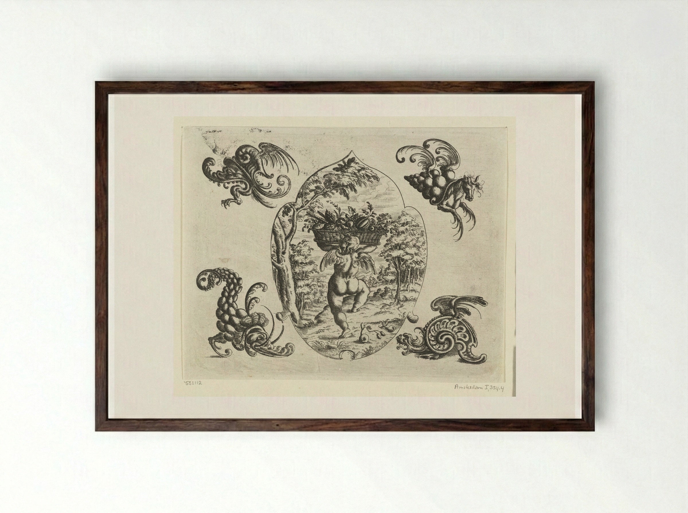 Leaf-shaped Ornament with a Putto Carrying a Basket of Fruit - Christoph Jamnitzer - Framed Print Dark Wood