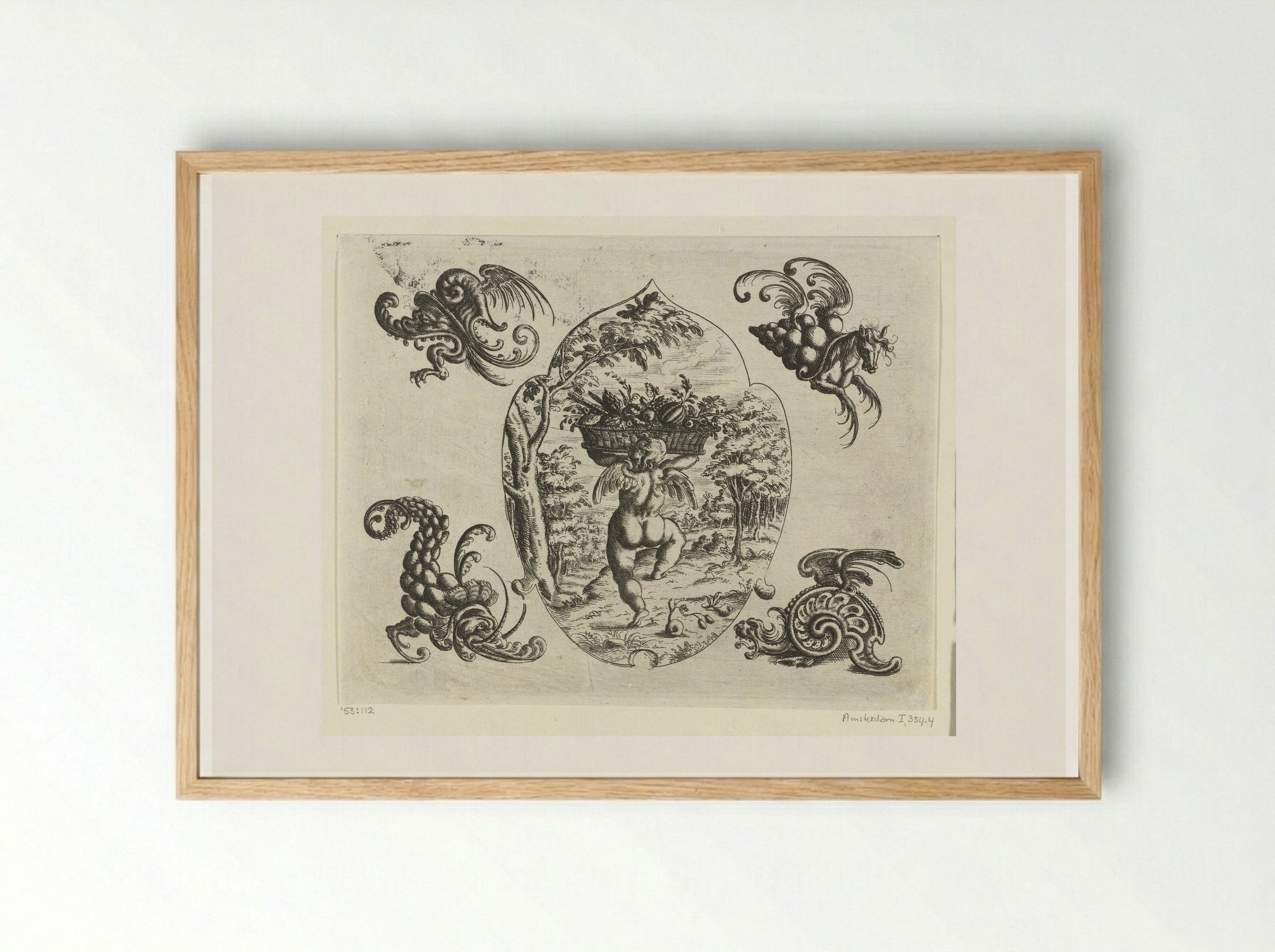 Leaf-shaped Ornament with a Putto Carrying a Basket of Fruit - Christoph Jamnitzer - Framed Print Wood
