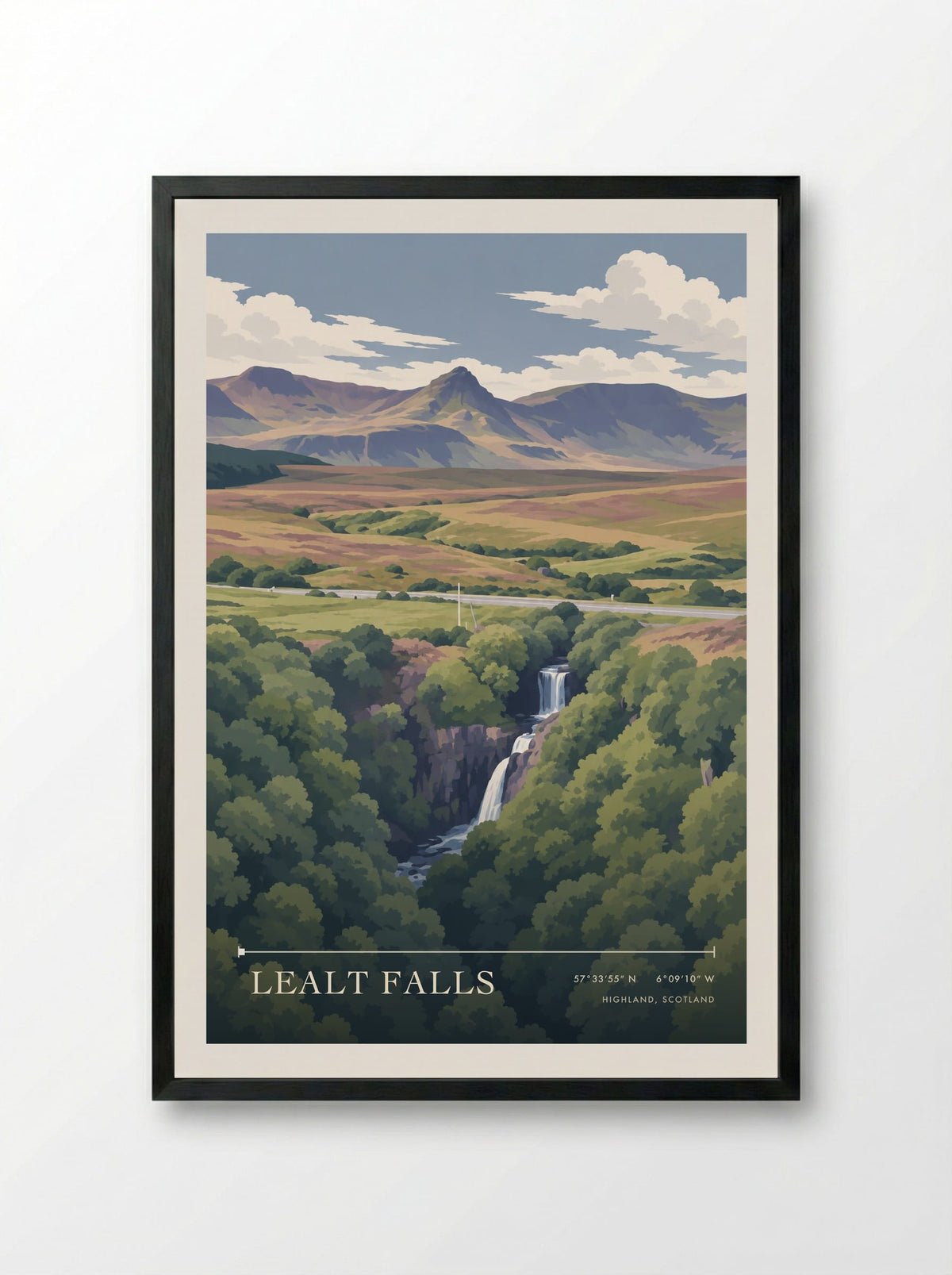 Lealt Falls, Highland, Scotland | Travel Poster - Framed Print Black