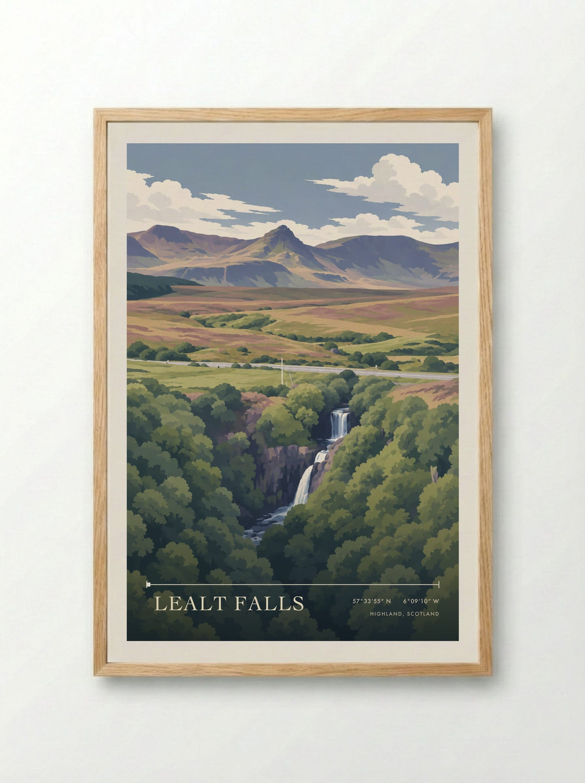 Lealt Falls, Highland, Scotland | Travel Poster - Framed Print Wood